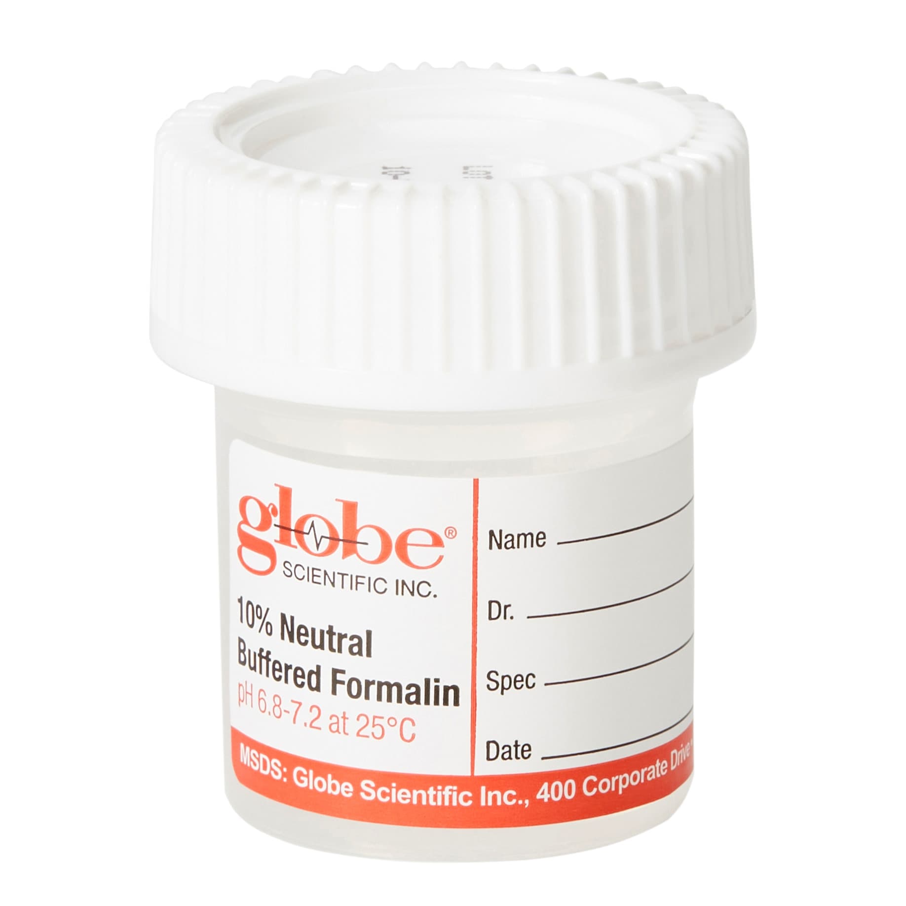 Globe Click-It Prefilled Formalin Container, 38 x 44 mm, 10 mL Fill in 20 mL (0.67 oz.) - Carton of 24 - Image 1