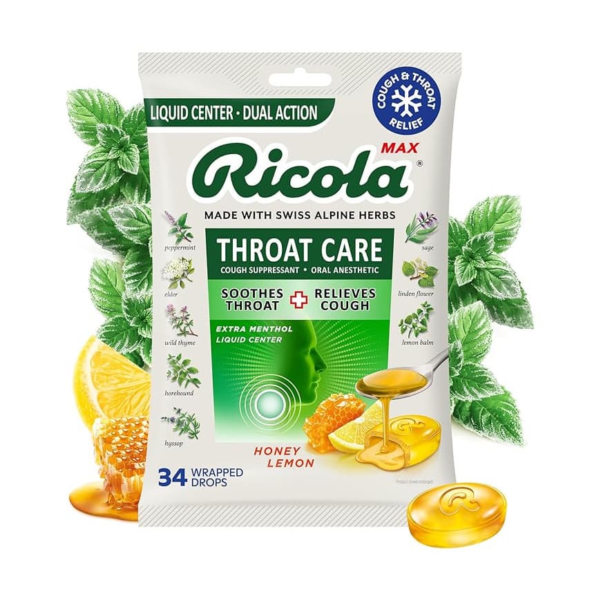 Ricola Max Throat Care Lozenges, Honey Lemon, 34 Count - Package of 45