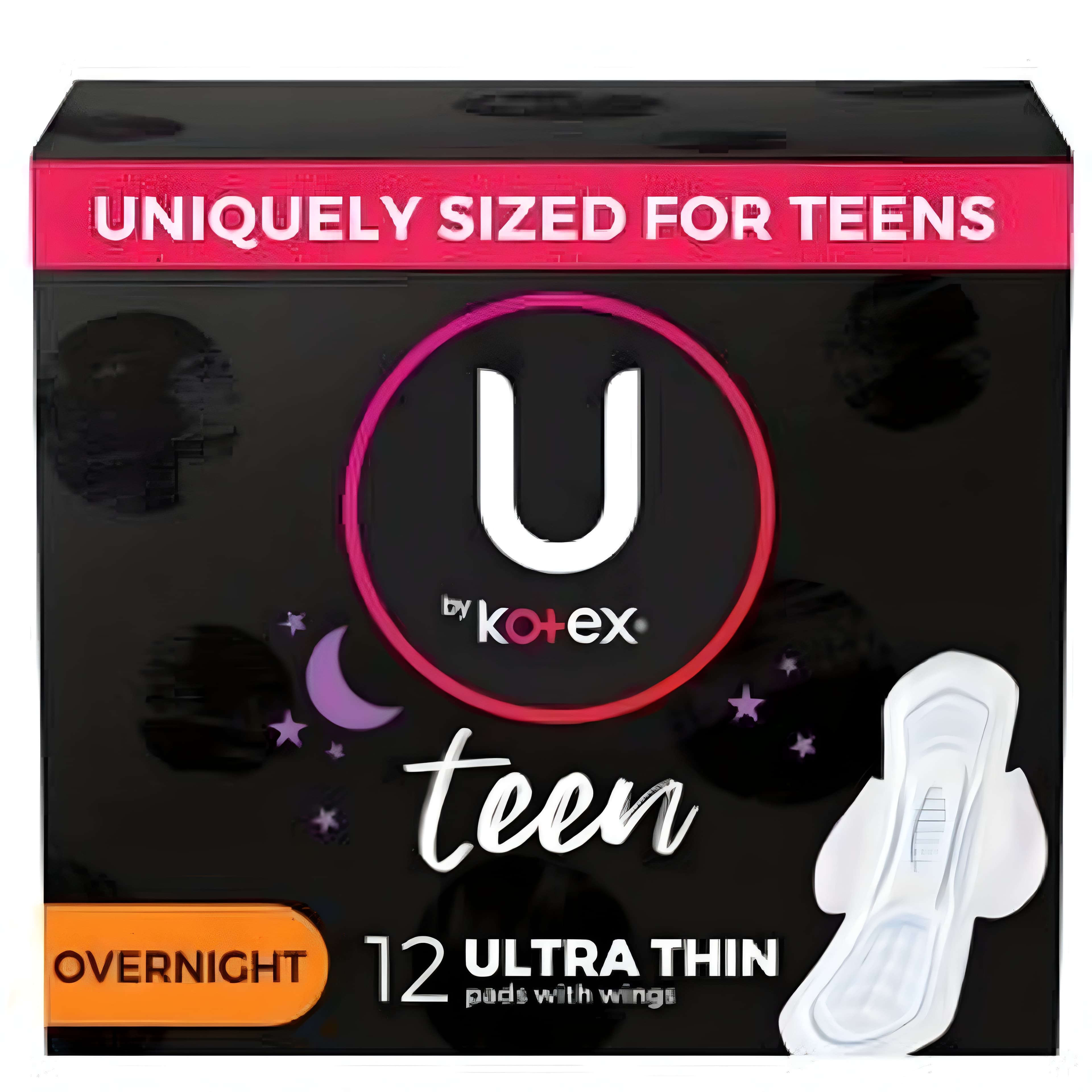 U by Kotex Teen Ultra Thin Pads with Wings, Overnight Absorbency - Package of 12 - Image 1