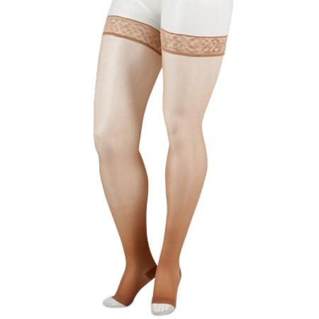 Juzo Naturally Sheer Stockings, Thigh-High, 20-30mmHg, Short, Open Toe, Silicone Brder, Beige, Large - Pair - Image 1