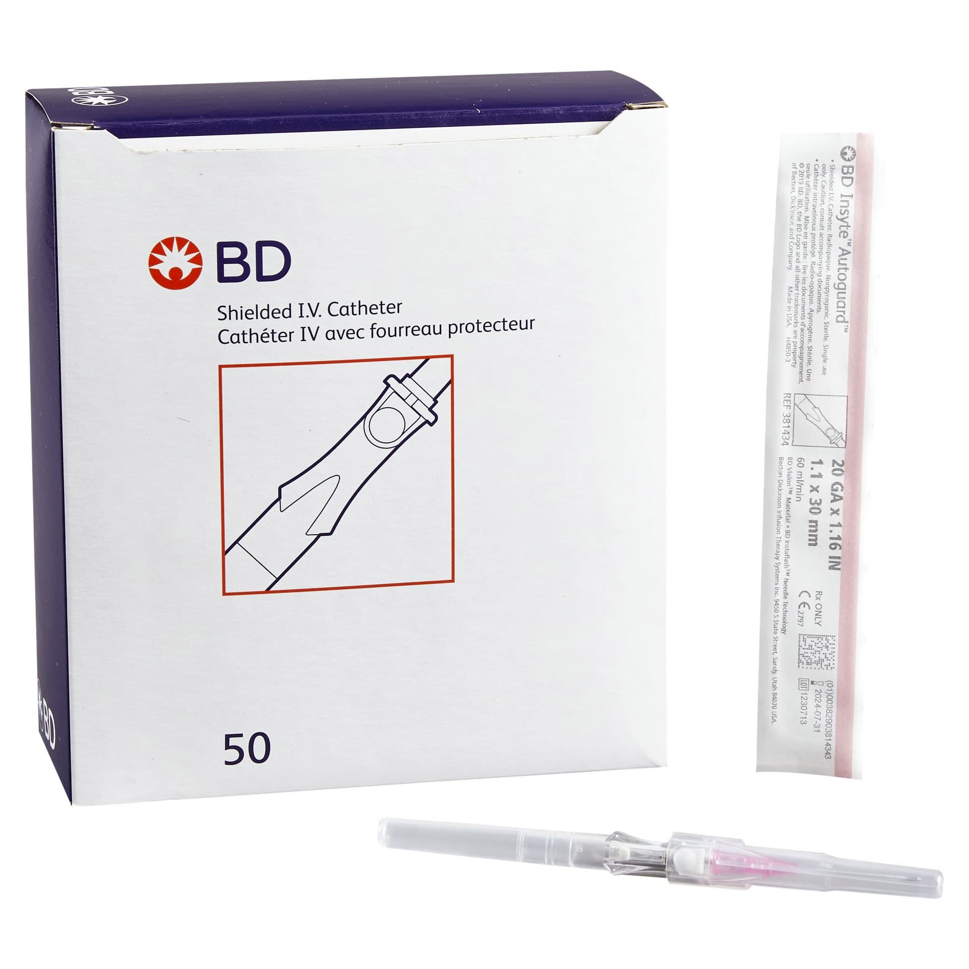 BD Insyte Autoguard Vialon Shielded Peripheral IV Catheter, 20 Gauge, 1.16" - Box of 50 - Image 1