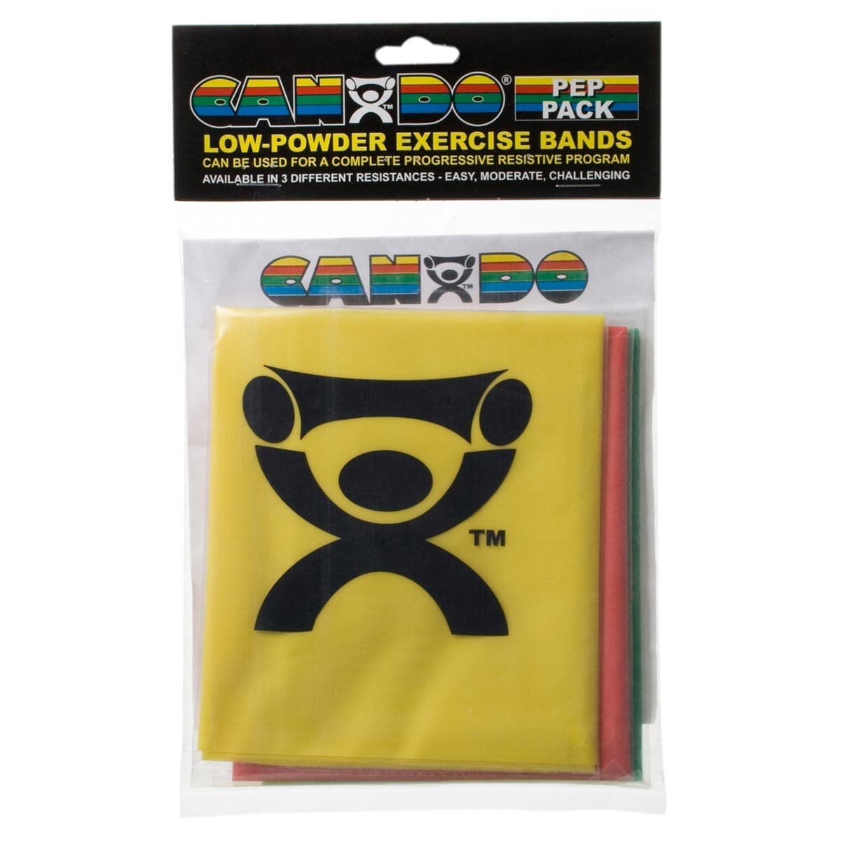 CanDo Low Powder Exercise Band Pep Pack, Easy, Yellow-Red-Green - Package of 3 - Image 1