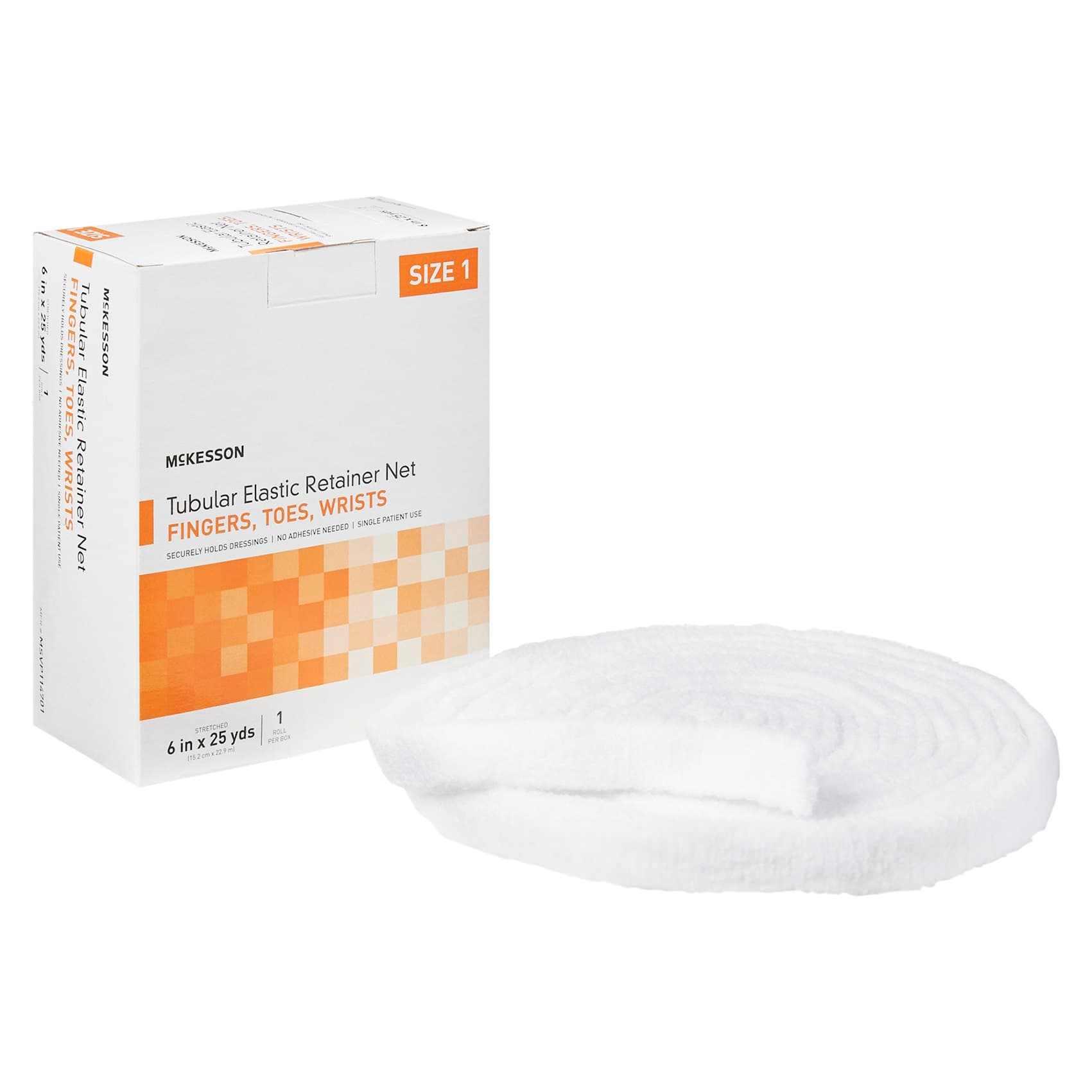 McKesson Elastic Net Retainer Dressing, 6 Inch x 25 Yard, Size 1, Finger Toe Wrist - Case of 10 - Image 1