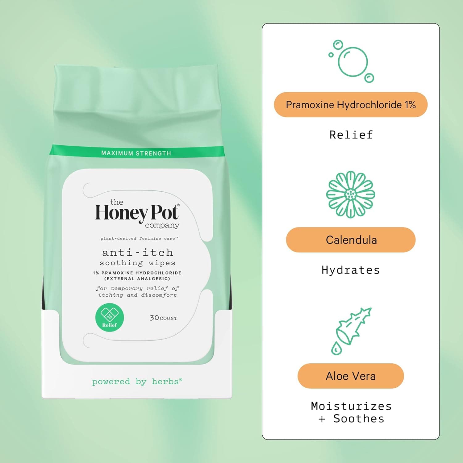 The Honey Pot Anti-Itch Wipes with 1% Pramoxine Hydrochloride - Package of 30 - Image 7