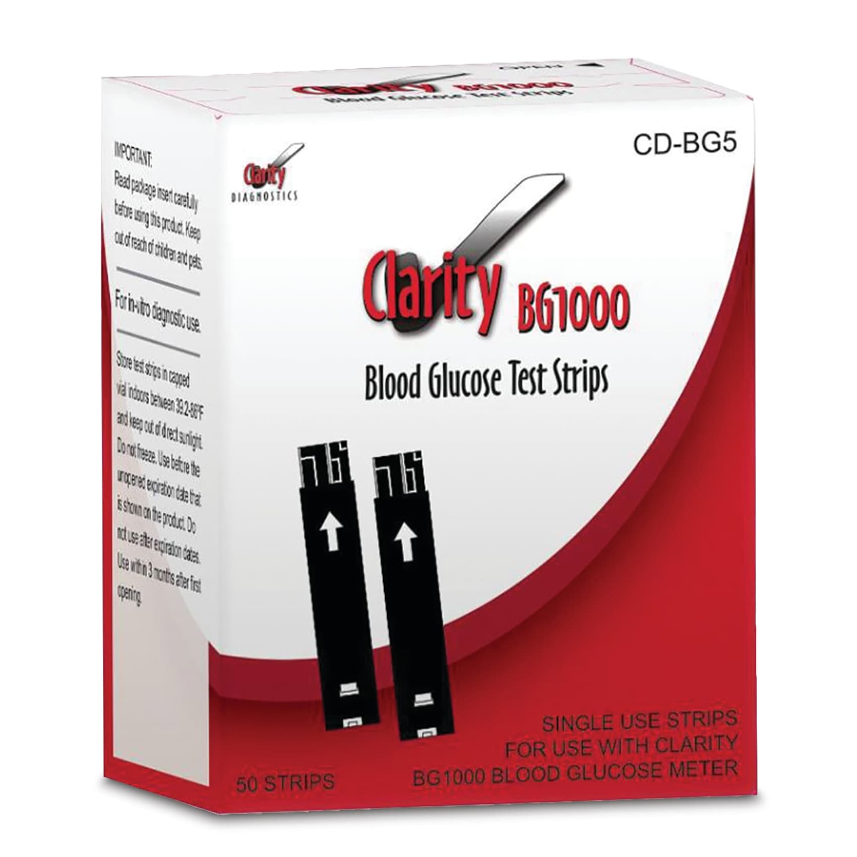 Clarity Blood Glucose Test Strip for BG1000 Blood Glucose Meter - Box of 50 - Image 1