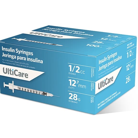 Ultimed UltiCare U-100 Insulin Syringes, 1/2 mL per cc 12.7mm (1/2") x 28G - Case of 500 - Image 1