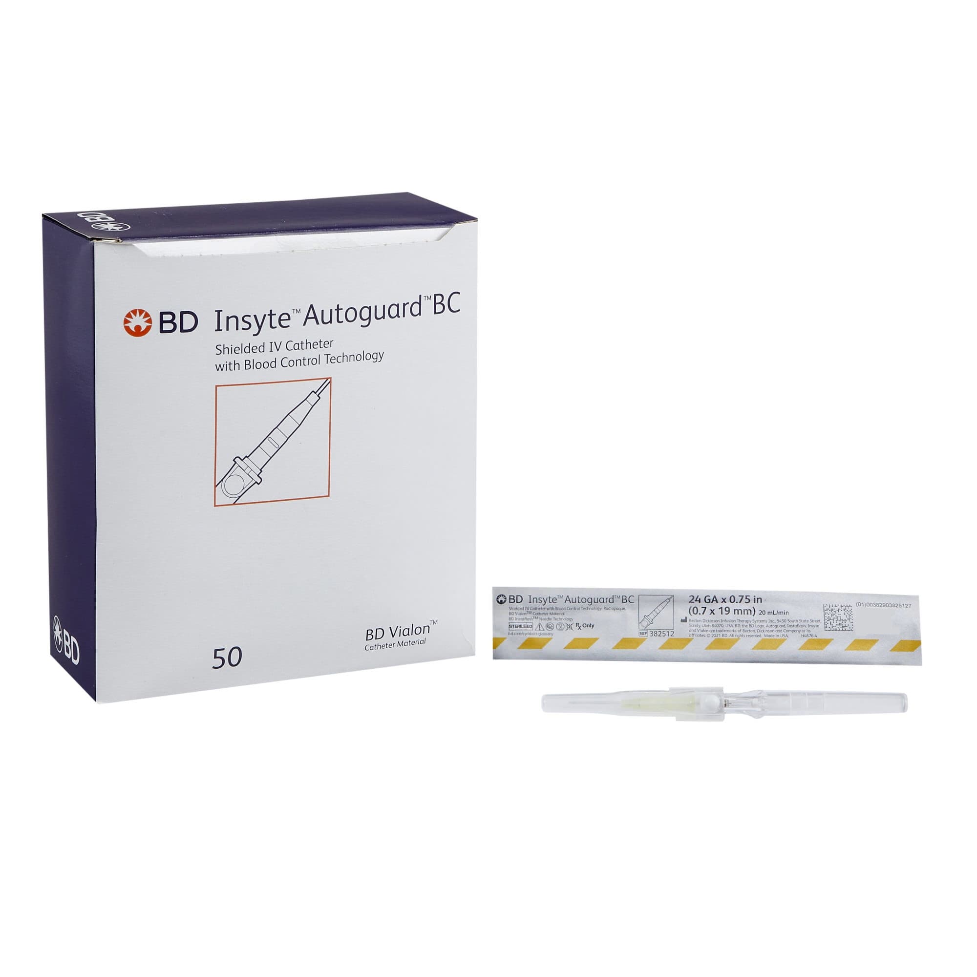 BD Insyte Autoguard Peripheral IV Catheter, Yellow, 24 Gauge, 0.75 Inch - Box of 50 - Image 1