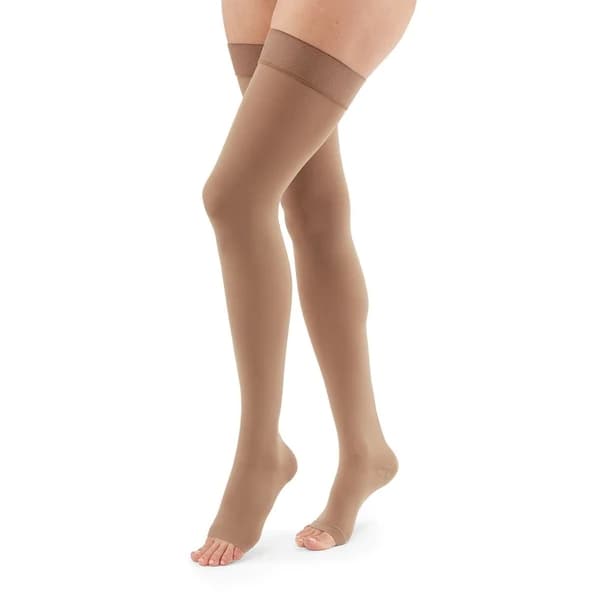 Duomed Advantage 20-30mmHg Compression Stocking with Beaded Top Band Petite Open Toe, Beige, Small - Pair - Image 1