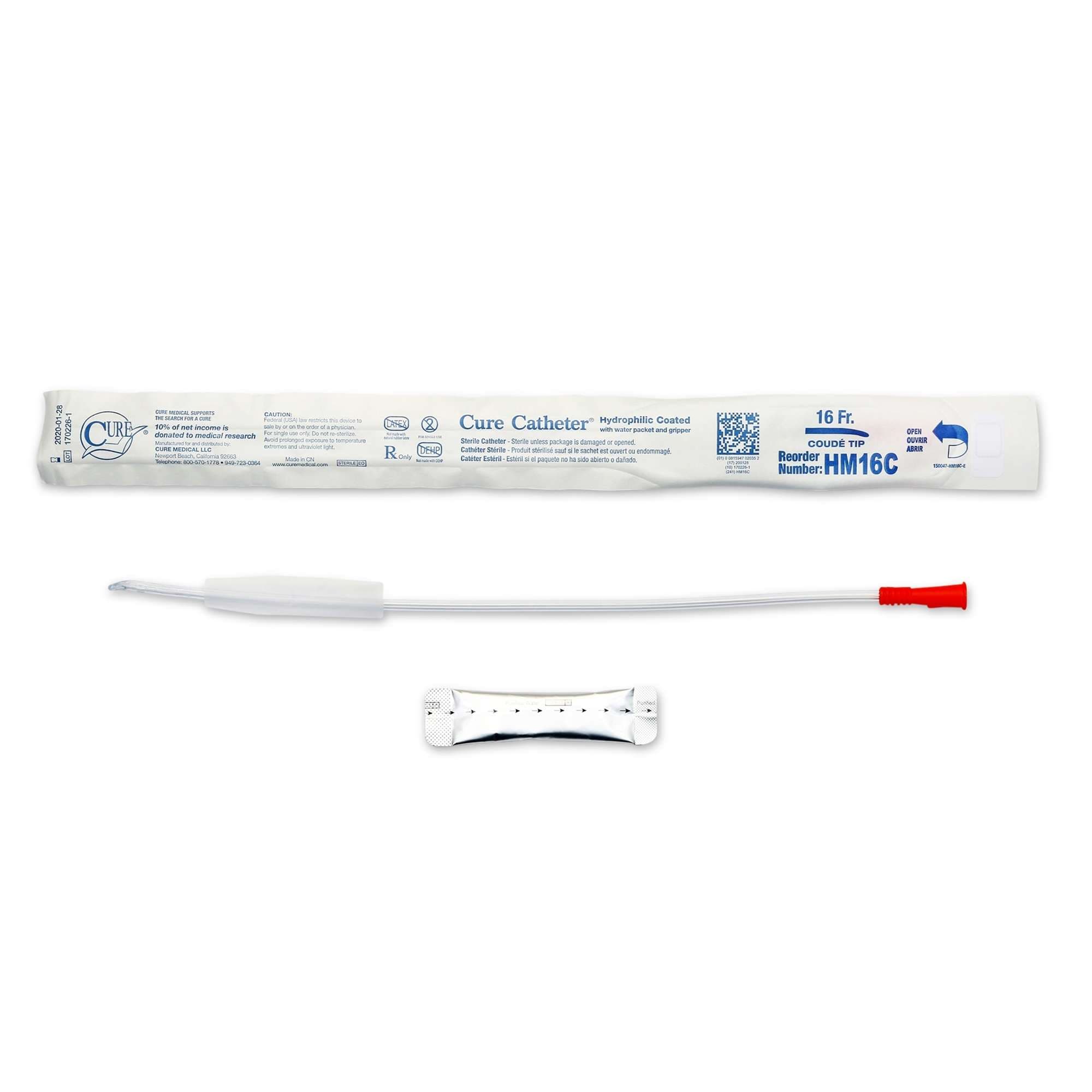 Cure Hydrophilic Catheter for men, Coude Tip, 16 Fr - Case of 300 - Image 1