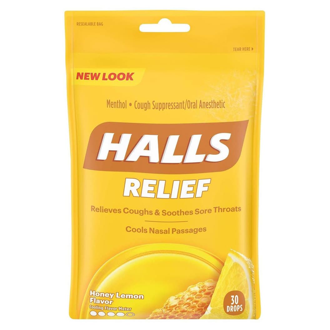 Halls Relief Cough and Sore Throat Drops, Honey Lemon - Case of 48 - Image 1