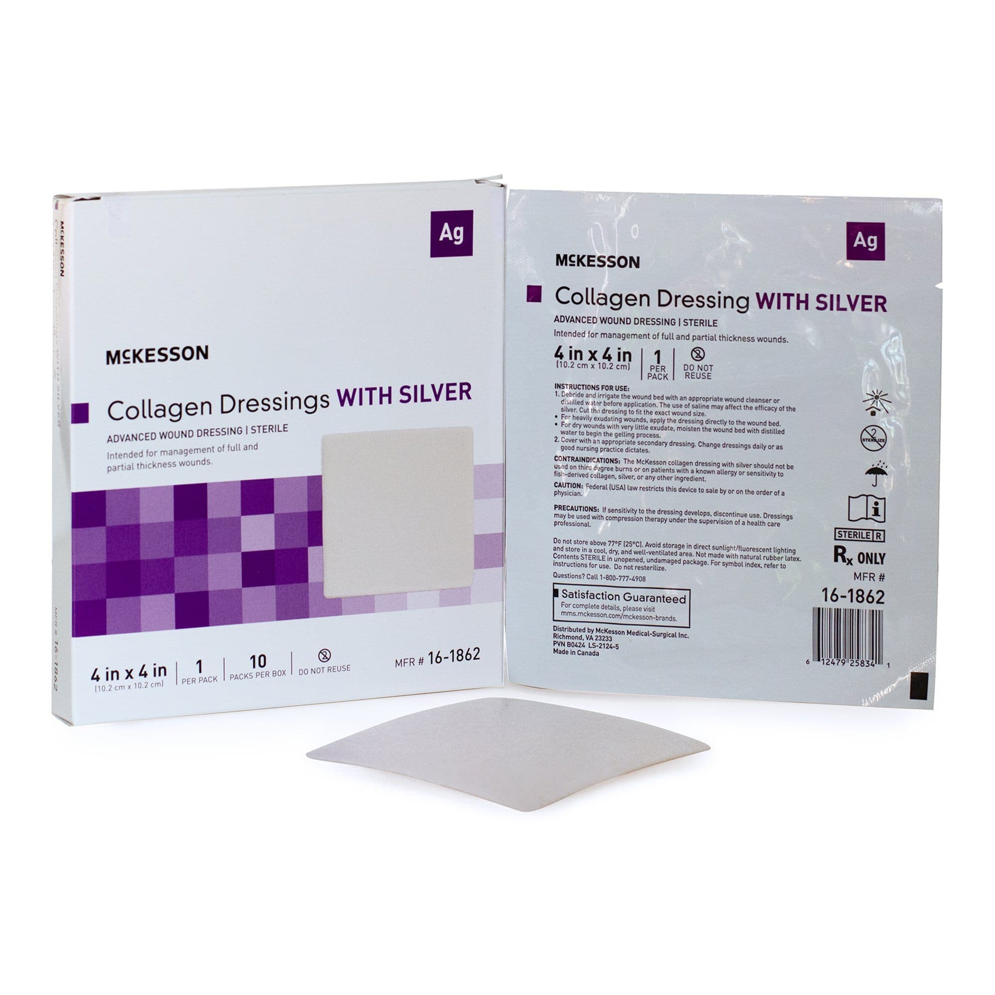 McKesson Silver Collagen Dressing 4 x 4 Inch Rectangle Sterile - Box of 10 - Image 1