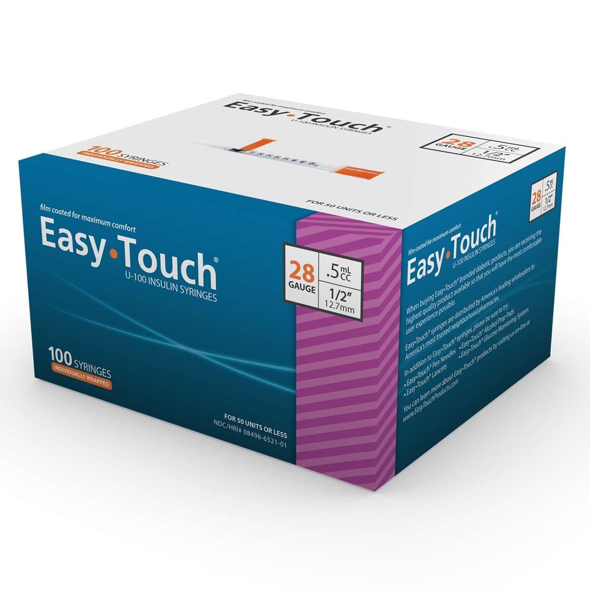 EasyTouch Standard Insulin Syringe with Needle, U-100 Insulin, 0.5 ml, 28 Gauge, 1/2 Inch - Case of 500 - Image 1