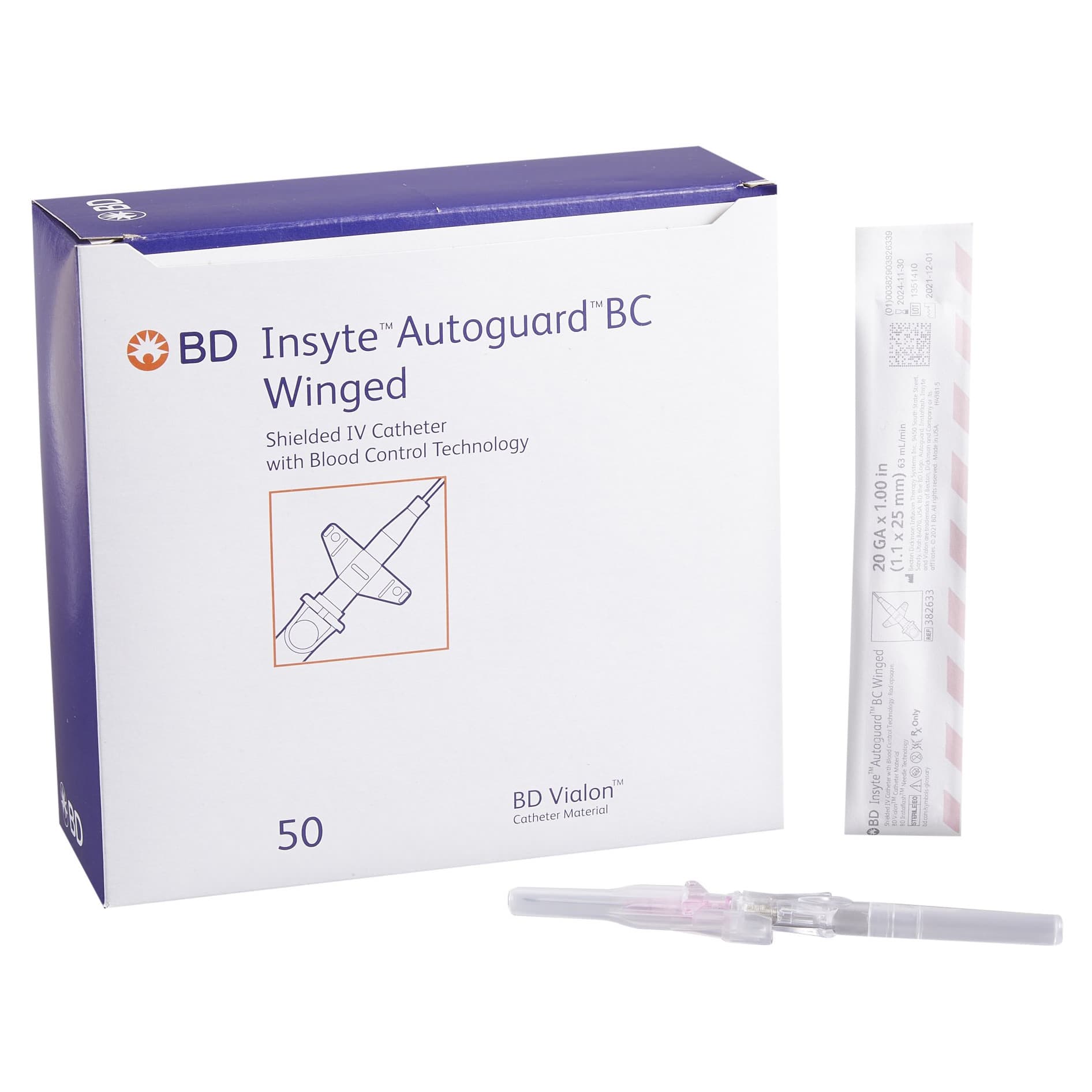 BD Insyte Autoguard BC Peripheral IV Catheter, 20 Gauge, 1 Inch, 63 mL per min - Box of 50 - Image 1