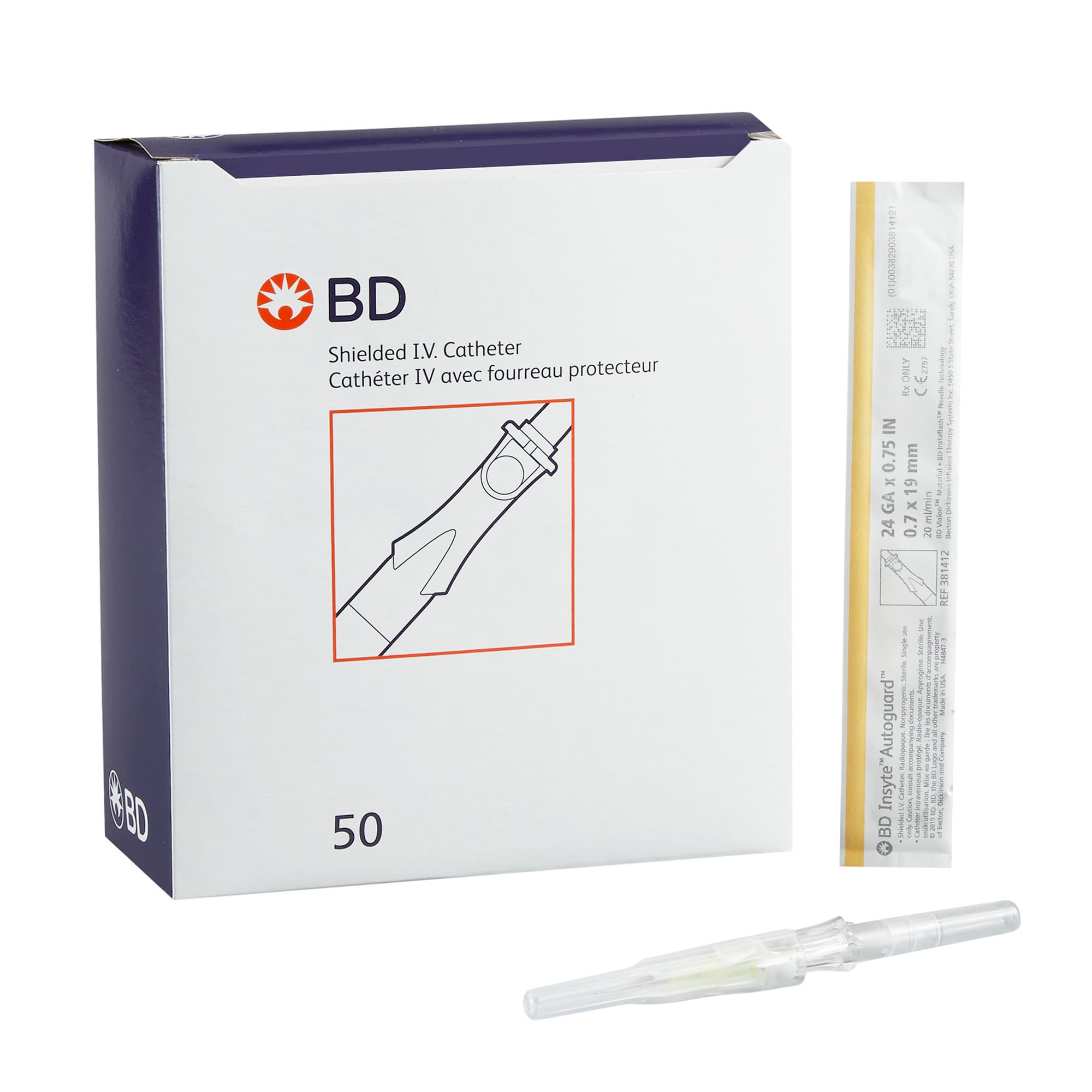 BD Insyte Autoguard Vialon Shielded Peripheral IV Catheter, 24 Gauge, 0.75" - Case of 200 - Image 1