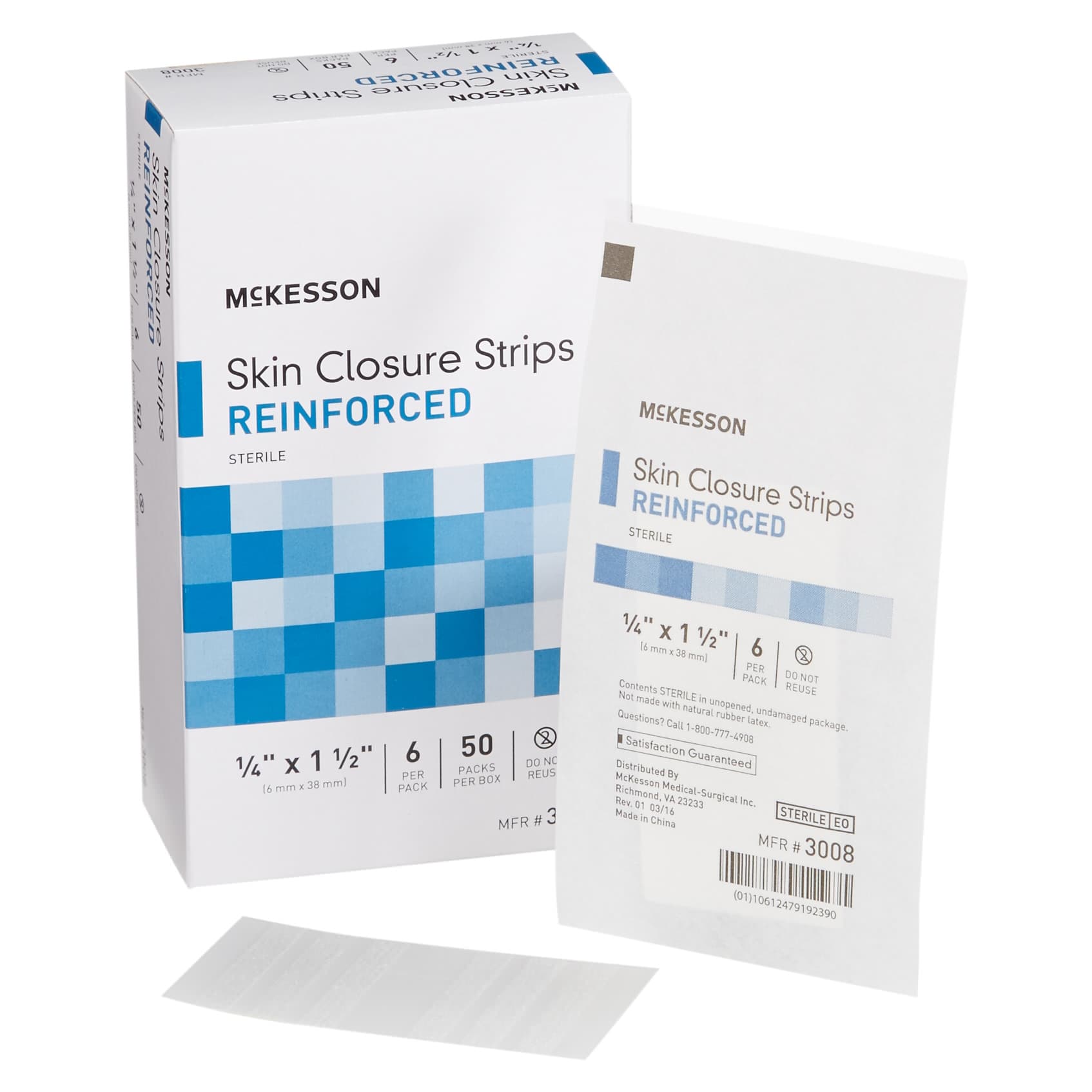 McKesson Skin Closure Strip Sterile, White, 1/4 x 1-1/2 Inch, Reinforced Strip - Case of 300 - Image 1