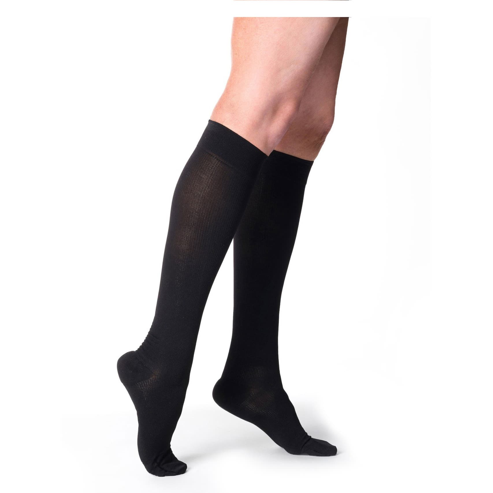 Sigvaris Essential Womens Cotton Calf High Compression Socks, 30-40 mmHg, Closed Toe, Small-Long, Black - Pair - Image 1