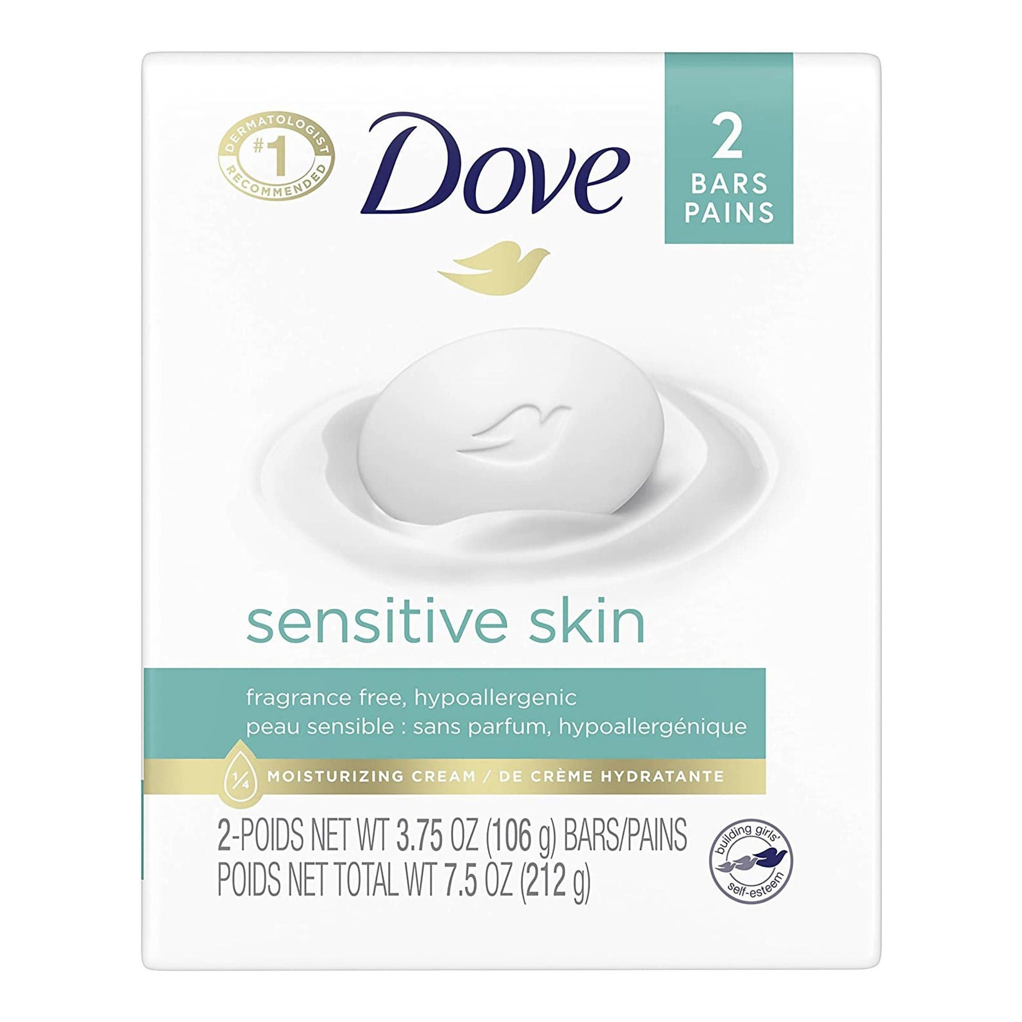 Dove Sensitive Skin Bar Soap, Fragrance Free, 4.25 oz - Pack of 2