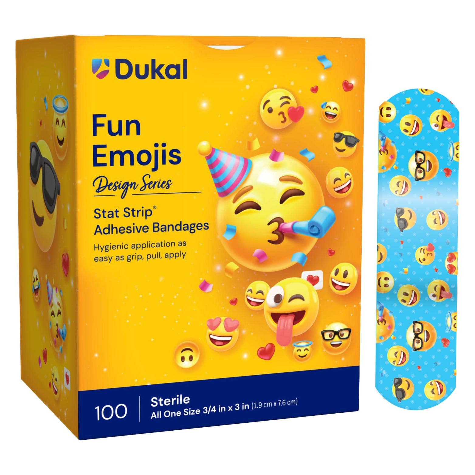 Dukal American White Cross Stat Strip Adhesive Bandages, Fun Emojis, 3/4" x 3" - Case of 1200 - Image 1