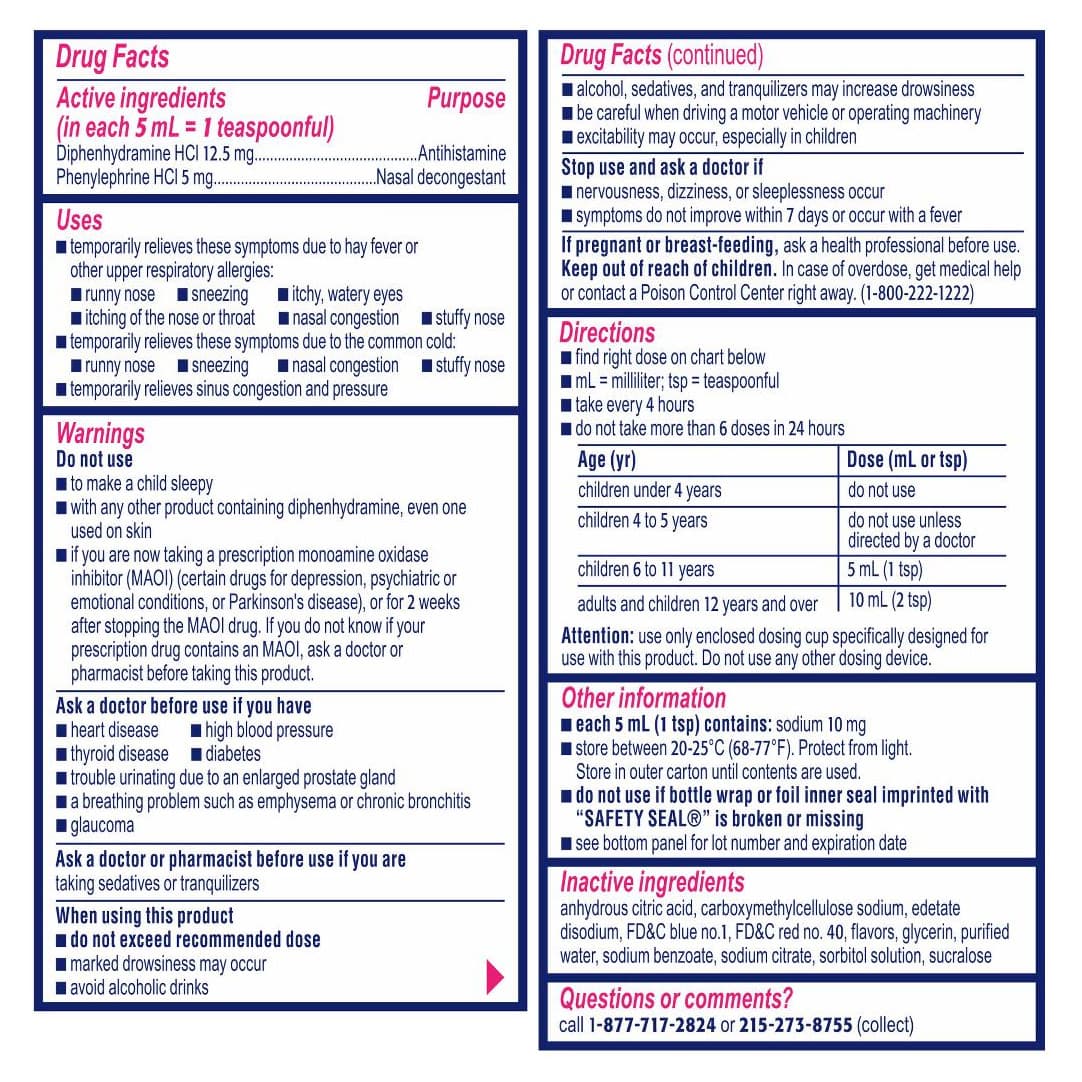 Children's Benadryl Allergy Plus Congestion Liquid Solution, Grape, 24.5 mg - Case of 24 - Image 3