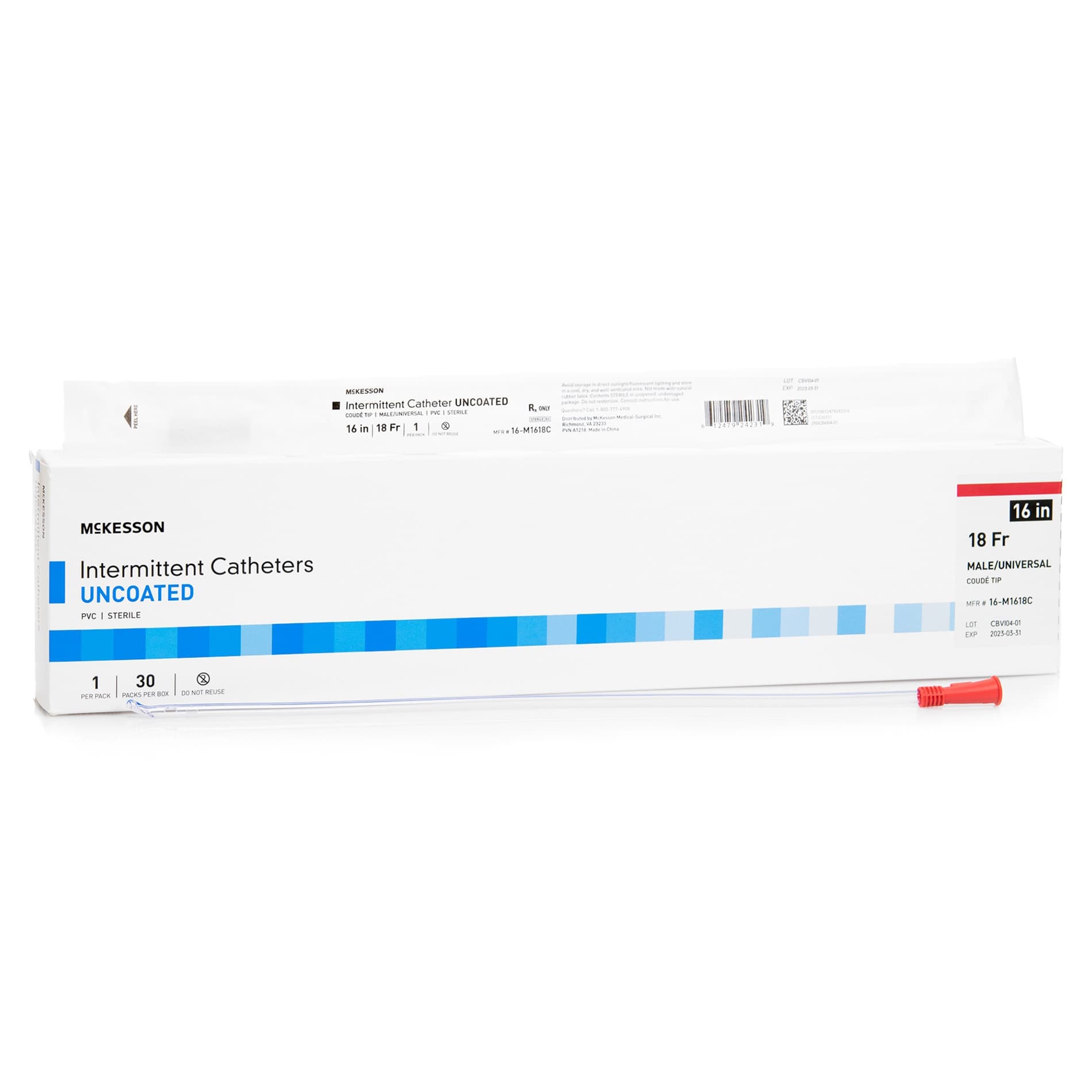 McKesson Urethral Catheter Polished Staggered Eyelets Sterile Coude Tip, Red, 18 Fr - Box of 30 - Image 1