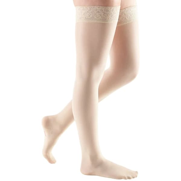 Mediven Sheer & Soft Thigh High 20-30mmHg Compression Stocking with Lace Top Band Standard, Closed Toe, Wheat, Size I - Pair - Image 1