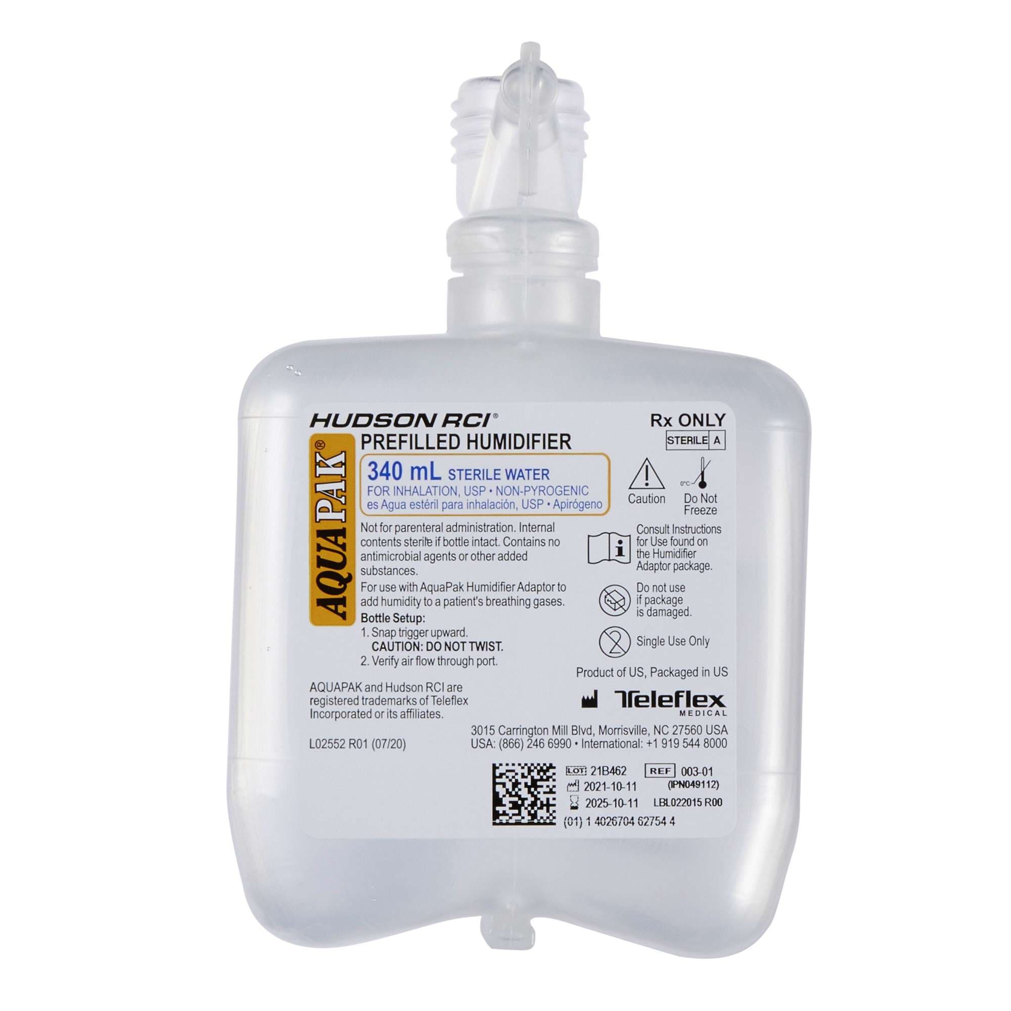 Teleflex Aquapak Prefilled Humidifier, Sterile Water - Image 1