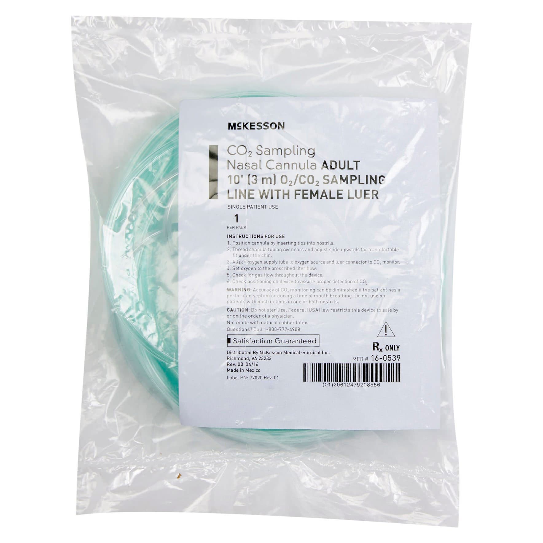 McKesson ETCO2 Nasal Sampling Cannula with O2 Delivery, Green, Female Luer Connector, 10 Foot O2 Line - Image 1