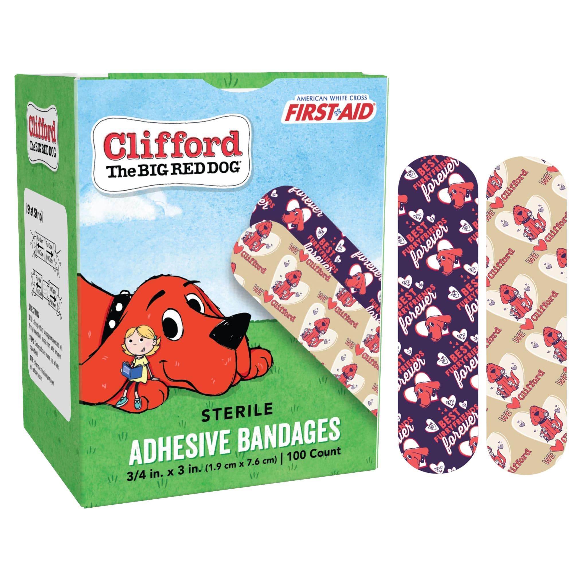 Dukal American White Cross Stat Strip Adhesive Bandages, Clifford the Big Red Dog, 3/4" x 3" - Box of 100 - Image 1