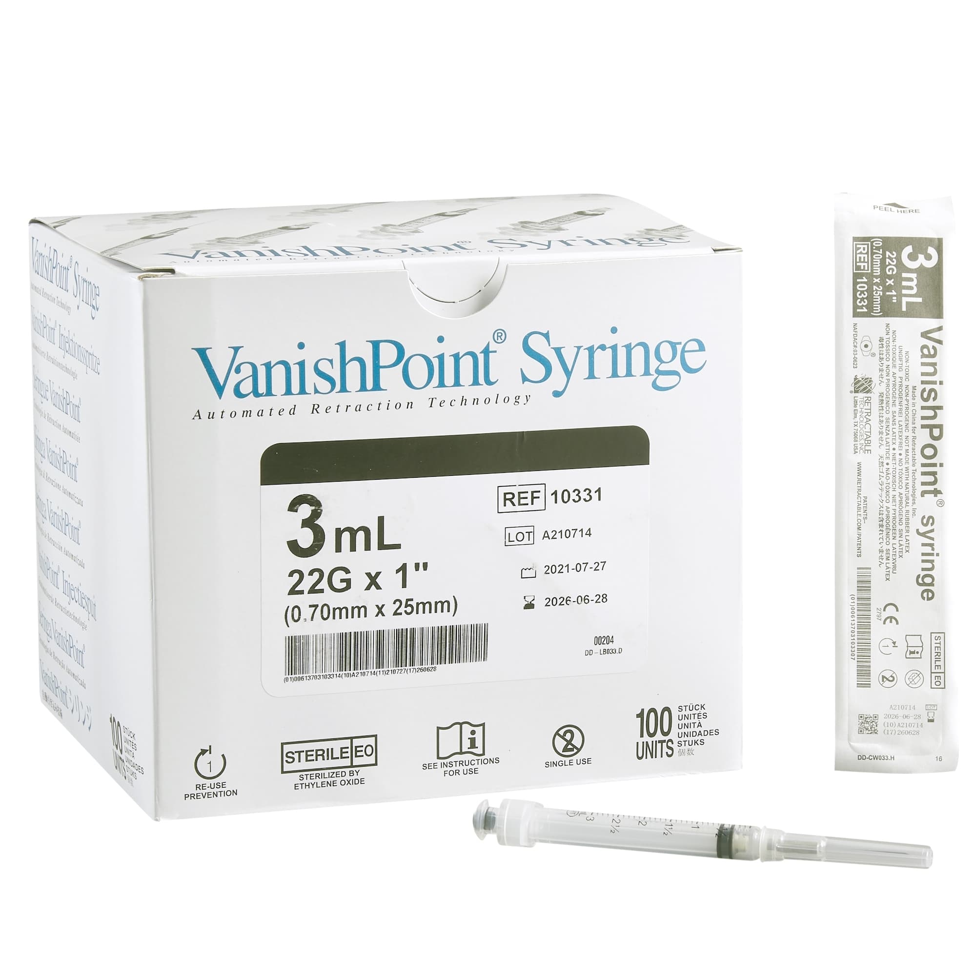Retractable Vanishpoint Safety Syringe with Hypodermic Needle, 3ml, 22G x 1" - Case of 600 - Image 1