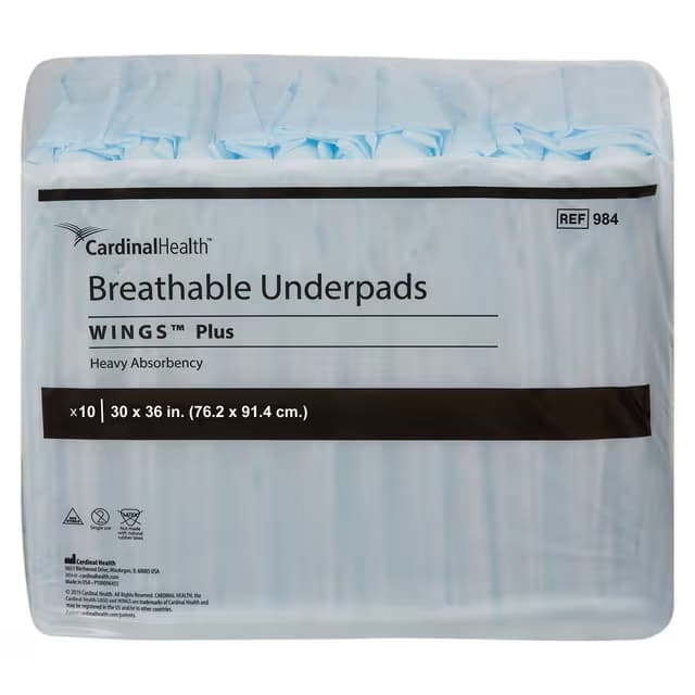 Cardinal Health Wings Plus Breathable Underpads, 30 X 36 Inch