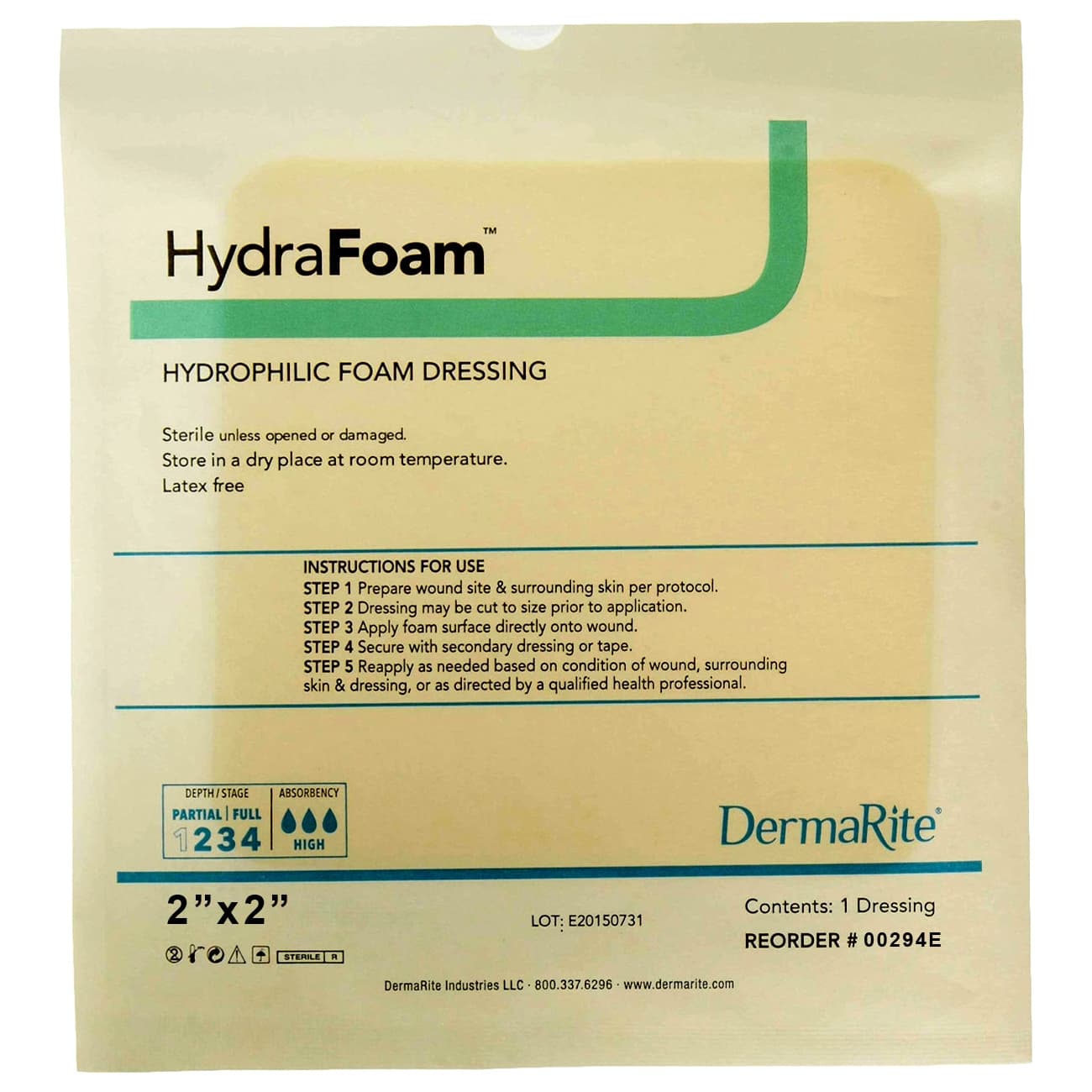 HydraFoam Hydrophilic Foam Dressing, 2 x 2 Inch - Each - Image 1
