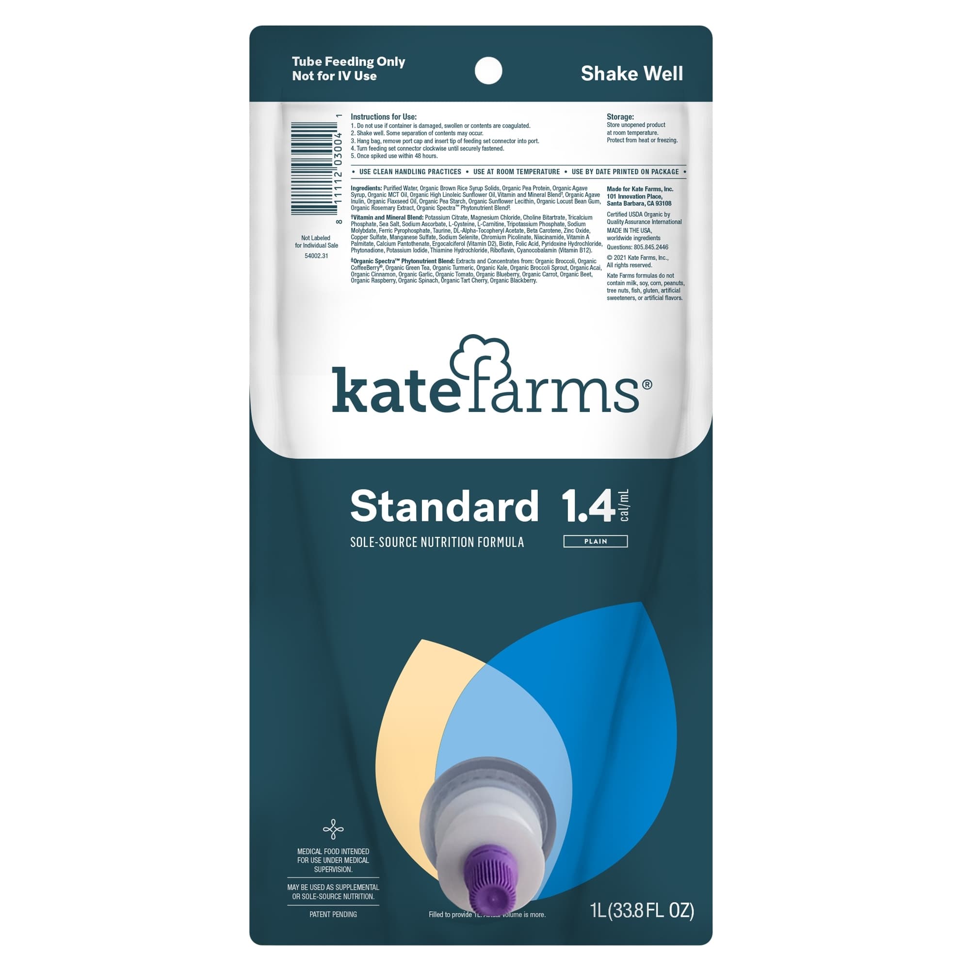 Kate Farms Standard 1.4 Plain Closed System Tube Feeding Formula, Unflavored, 1000 mL - Each - Image 1