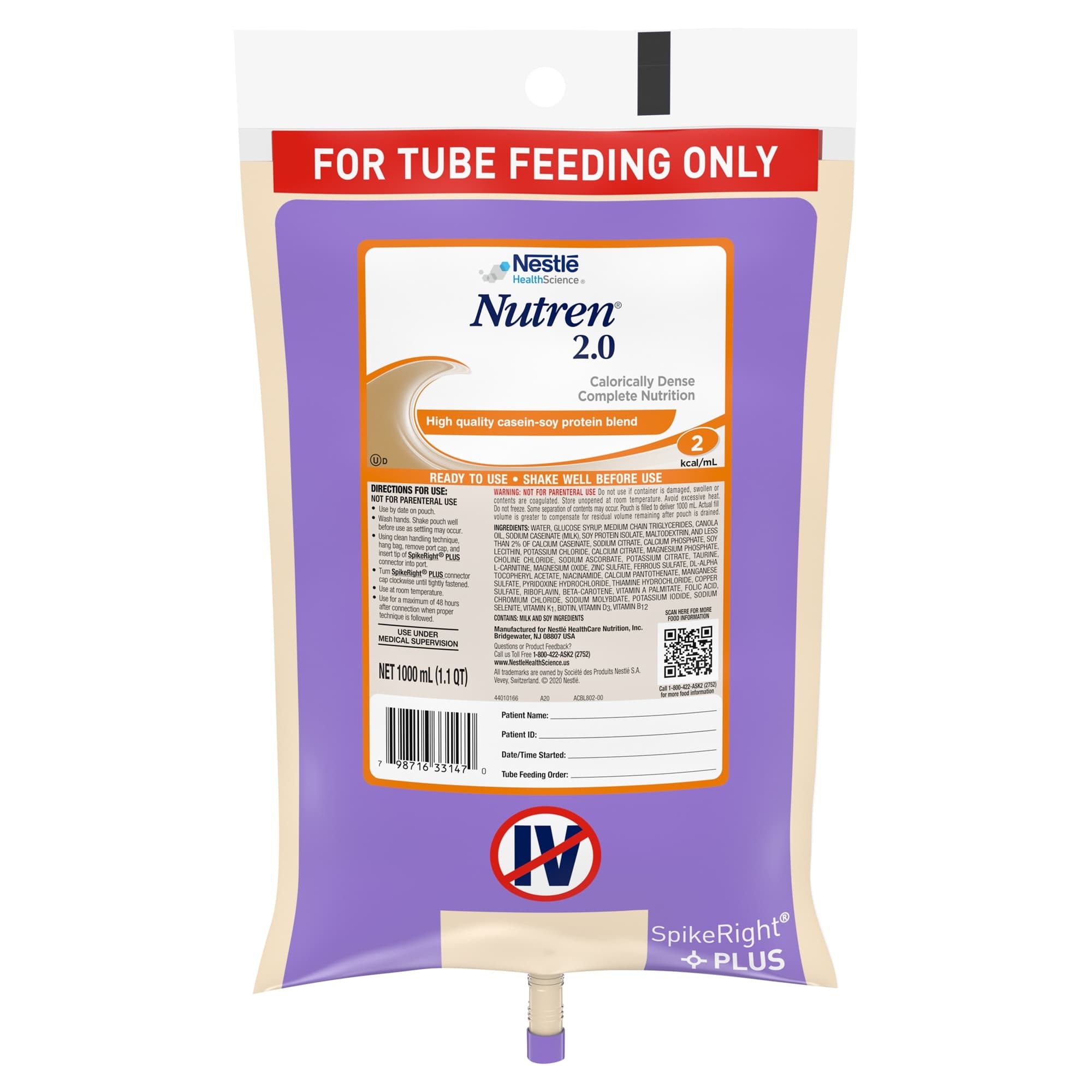 Nutren 2.0 Kcal High Quality Casein And Soy Protein Blend RTH Tube Feeding Formula, 33.8 oz - Case of 6 - Image 1