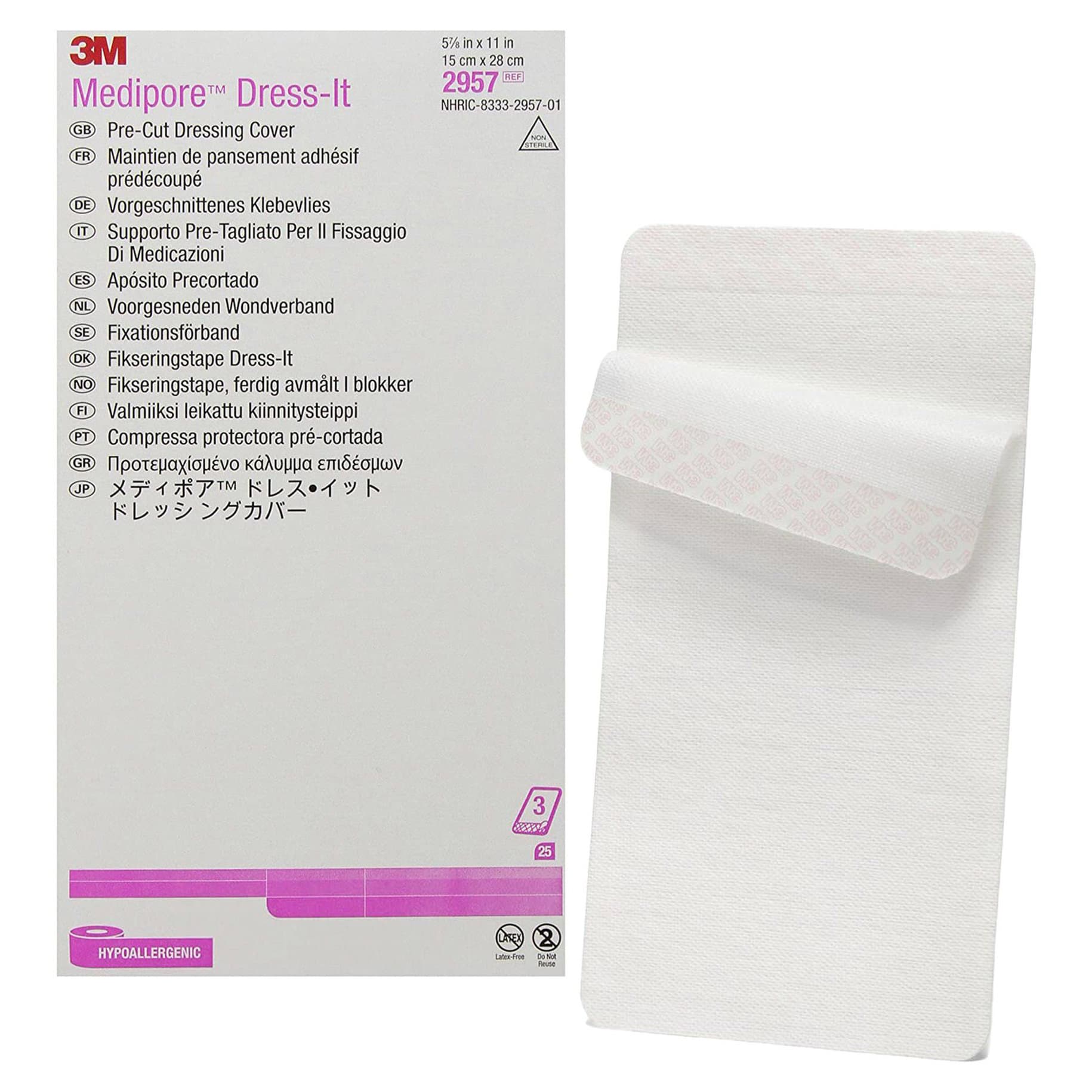 3M Medipore Hypoallergenic Dress-It Pre-Cut Dressing Cover, 5-7/8 x 11 Inch - Case of 300 - Image 1
