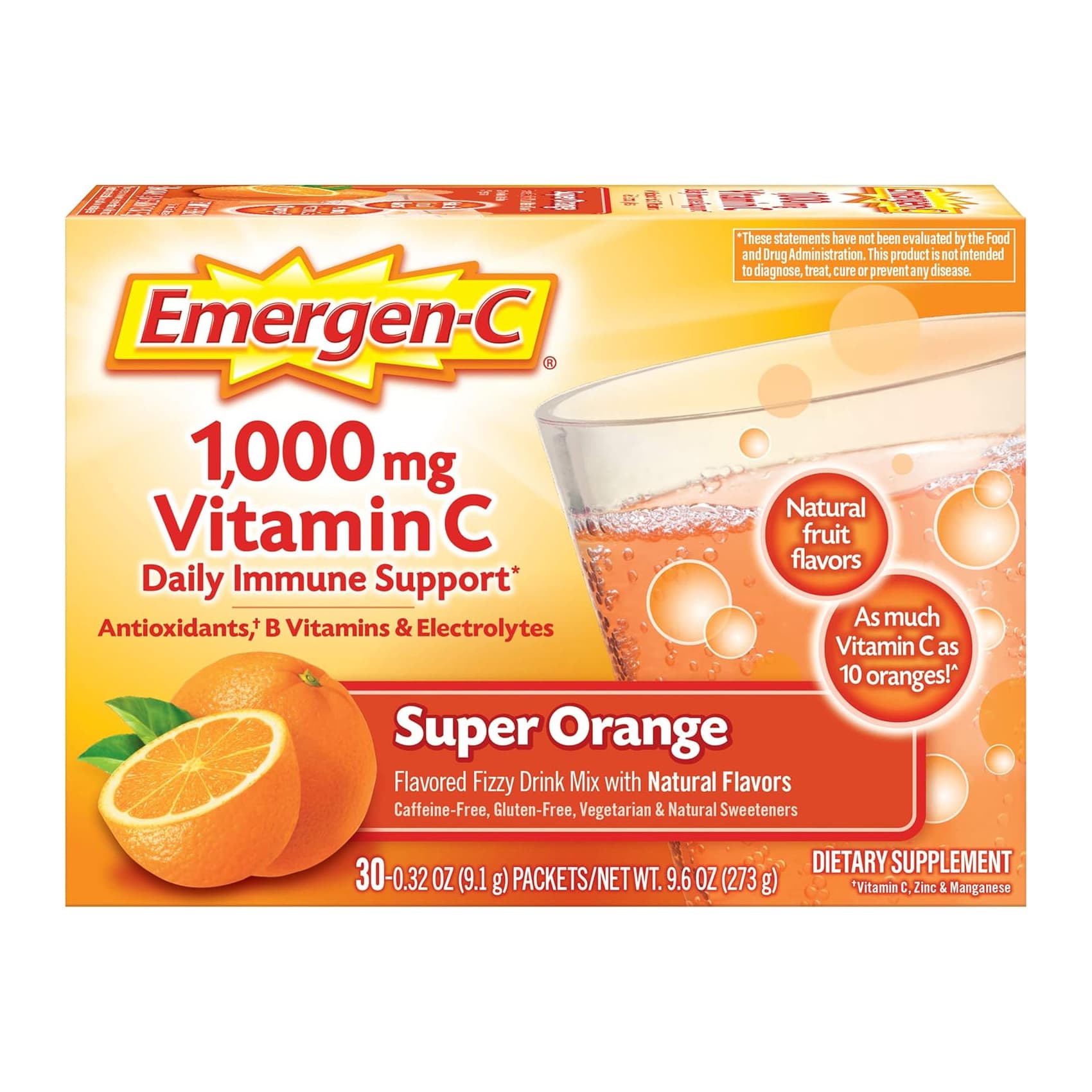Emergen-C 1000mg Vitamin C Powder, Super Orange, 1000 mg, 30 Count - Box of 1 - Image 1