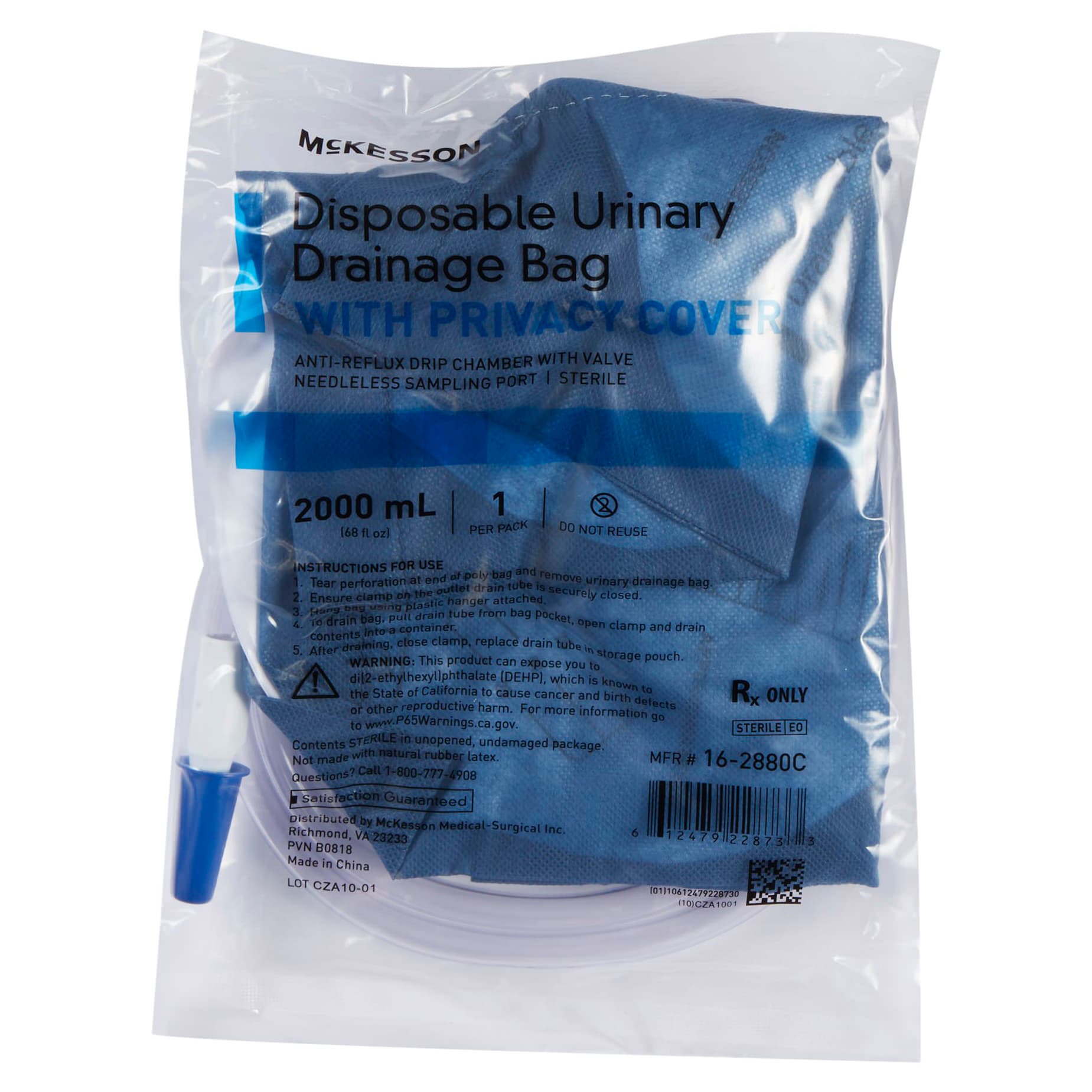 McKesson Urinary Drain Bag Without Additive 48 Inch Drainage Tube Needleless Sampling Port with Cap - Case of 20 - Image 1