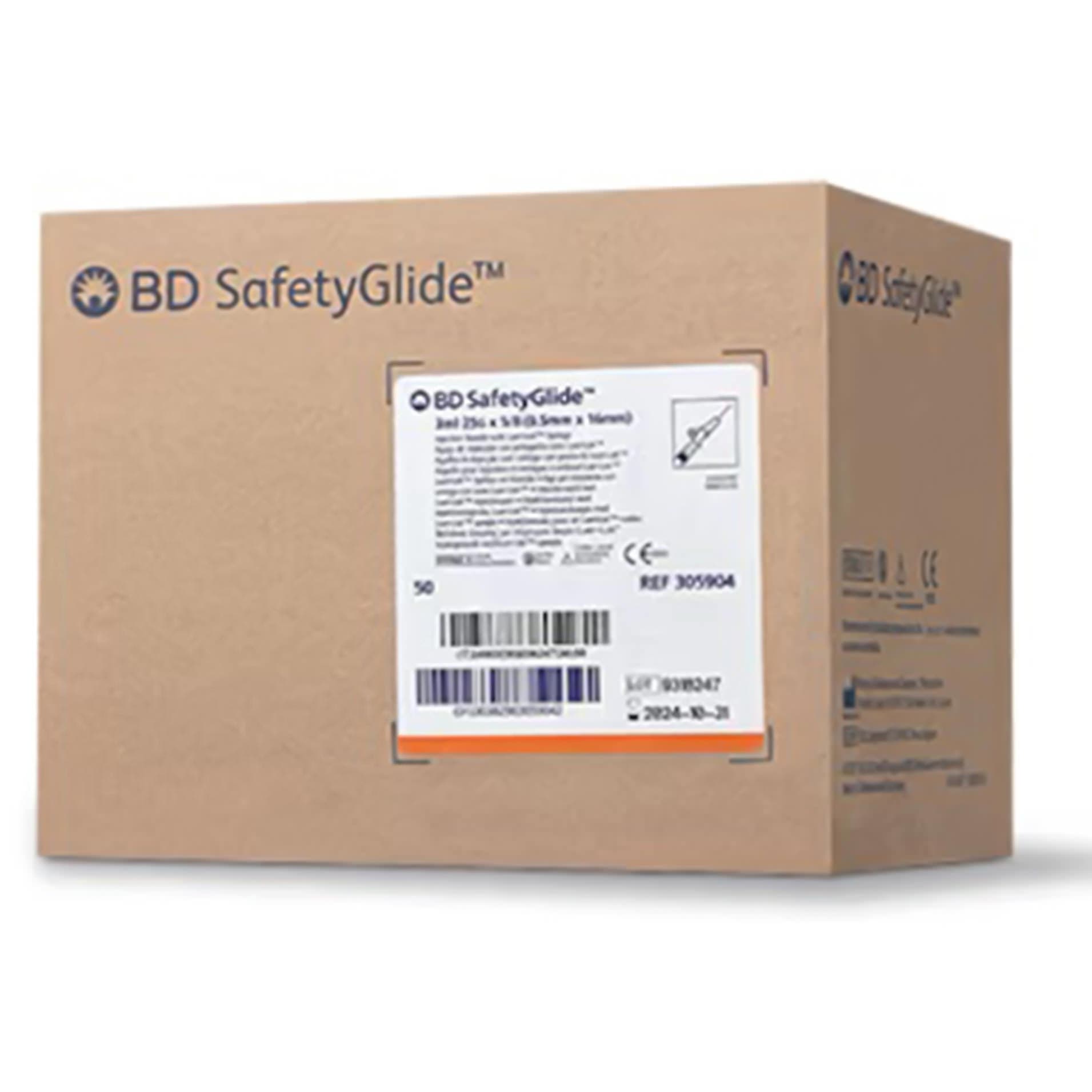BD SafetyGlide Safety Hypodermic Syringe with Needle, 25 Gauge, 5/8 Inch - Box of 50 - Image 1