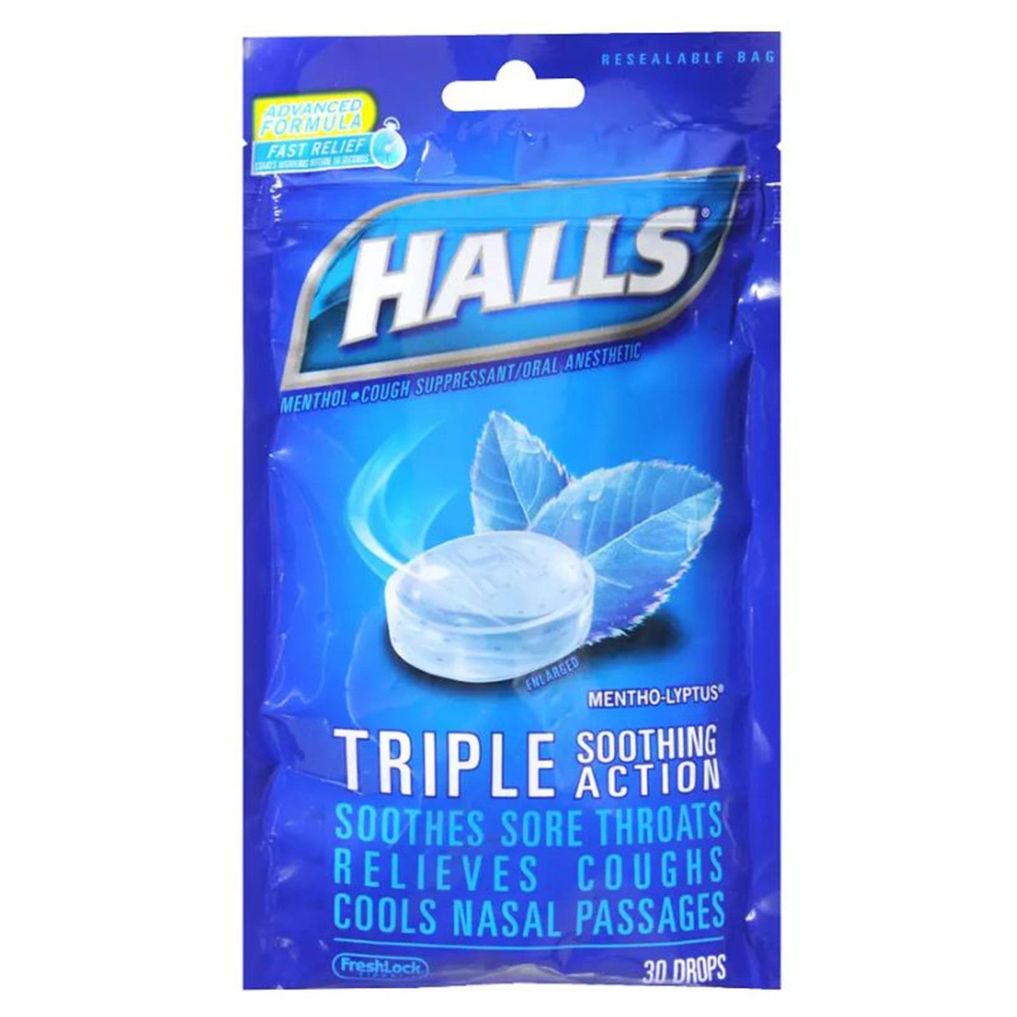 Halls Cold and Cough Relief, Menthol and Eucalyptus Flavor, 5.4 mg - Bag of 30 - Image 1