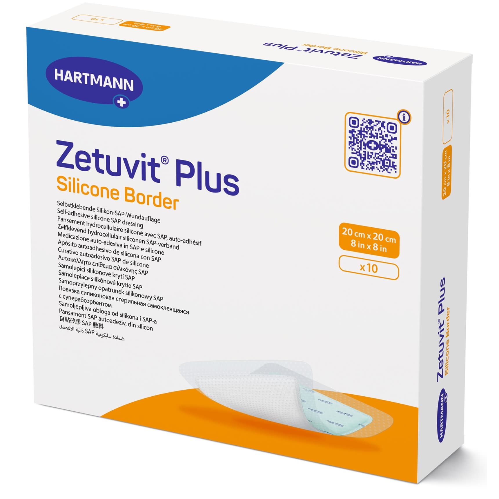 Zetuvit Plus Silicone Border Super Absorbent Dressing, 8 x 8 Inch - Box of 10 - Image 1