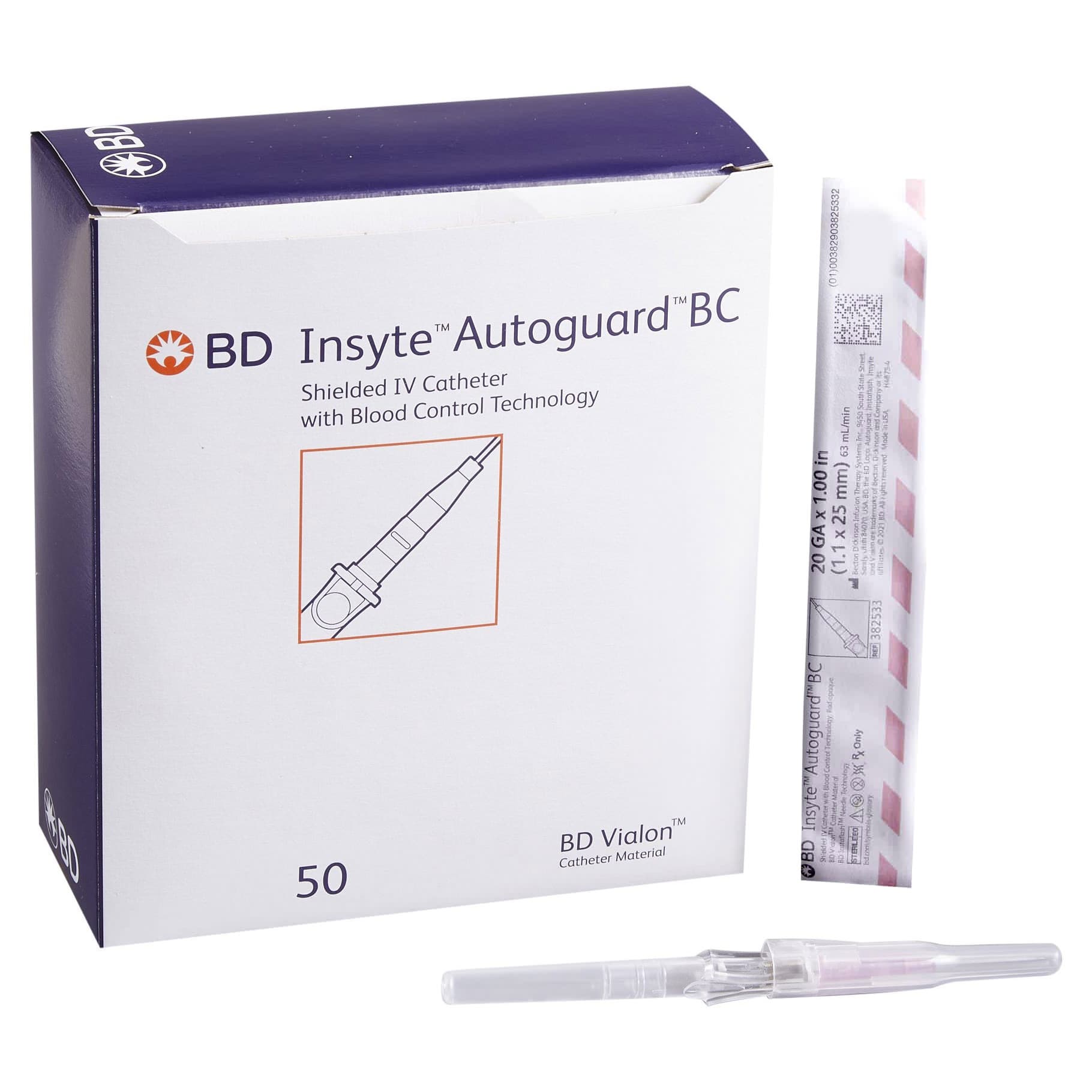 BD Insyte Autoguard Peripheral IV Catheter, Pink, 20 Gauge, 1 Inch - Each - Image 1