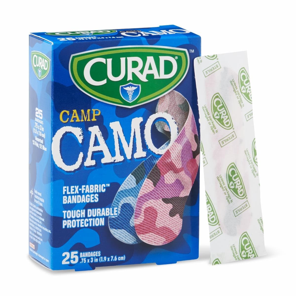 Curad Camo Flex-Fabric Adhesive Bandages, Camo Pink-Blue, 3/4" x 3" - Case of 576 - Image 1