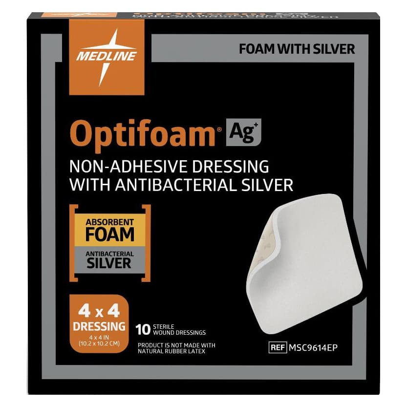 Optifoam Ag+ Silver Nonadhesive Foam Wound Dressing, 4 x 4 Inch - Box of 10 - Image 1