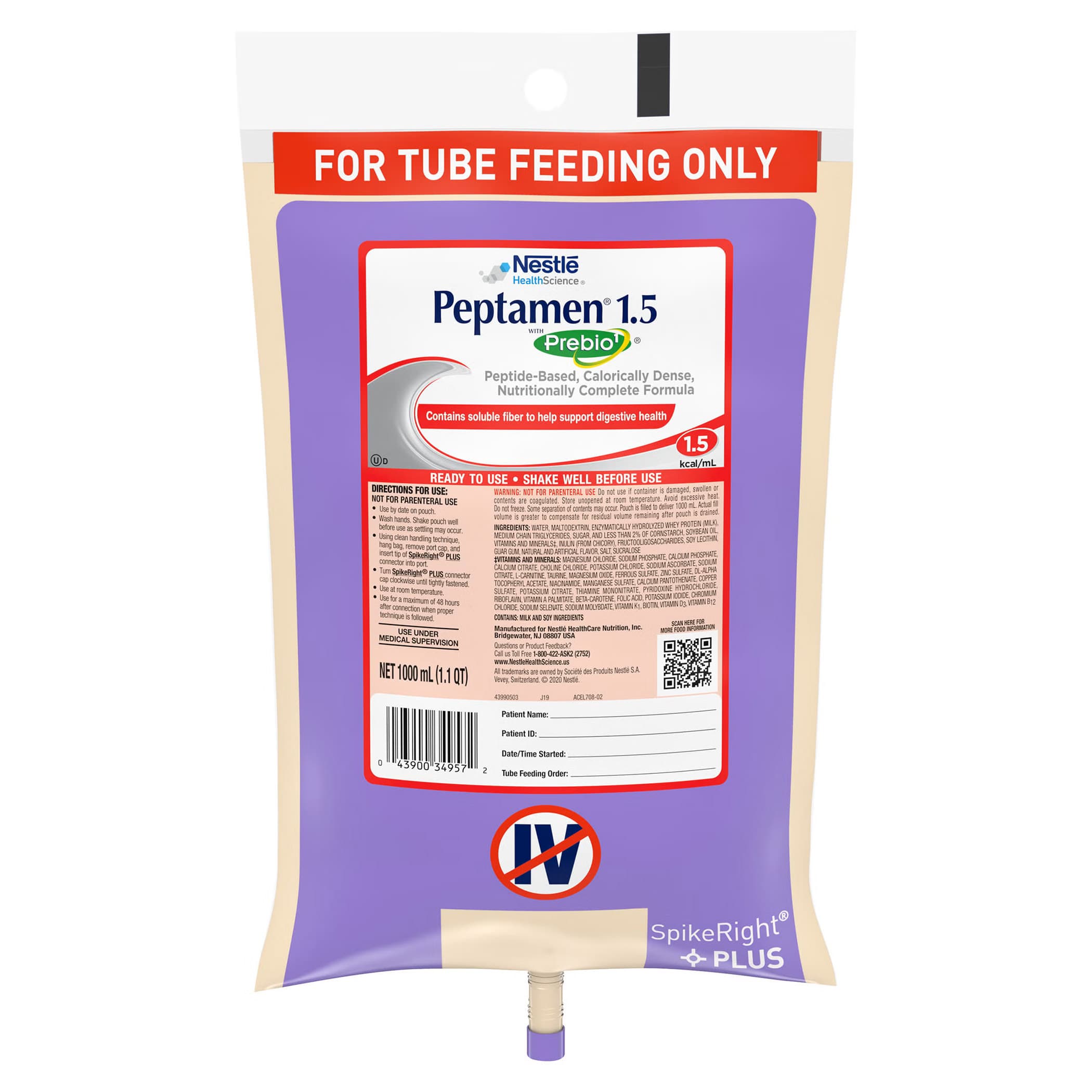 Peptamen 1.5 Peptide-Based Ready to Hang Tube Feeding Formula with Prebio, 33.8 oz - Each - Image 1