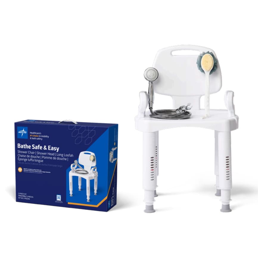 Medline Premium Shower Chair, Handheld Showerhead & Long Loofah with Handle Kit - Image 1