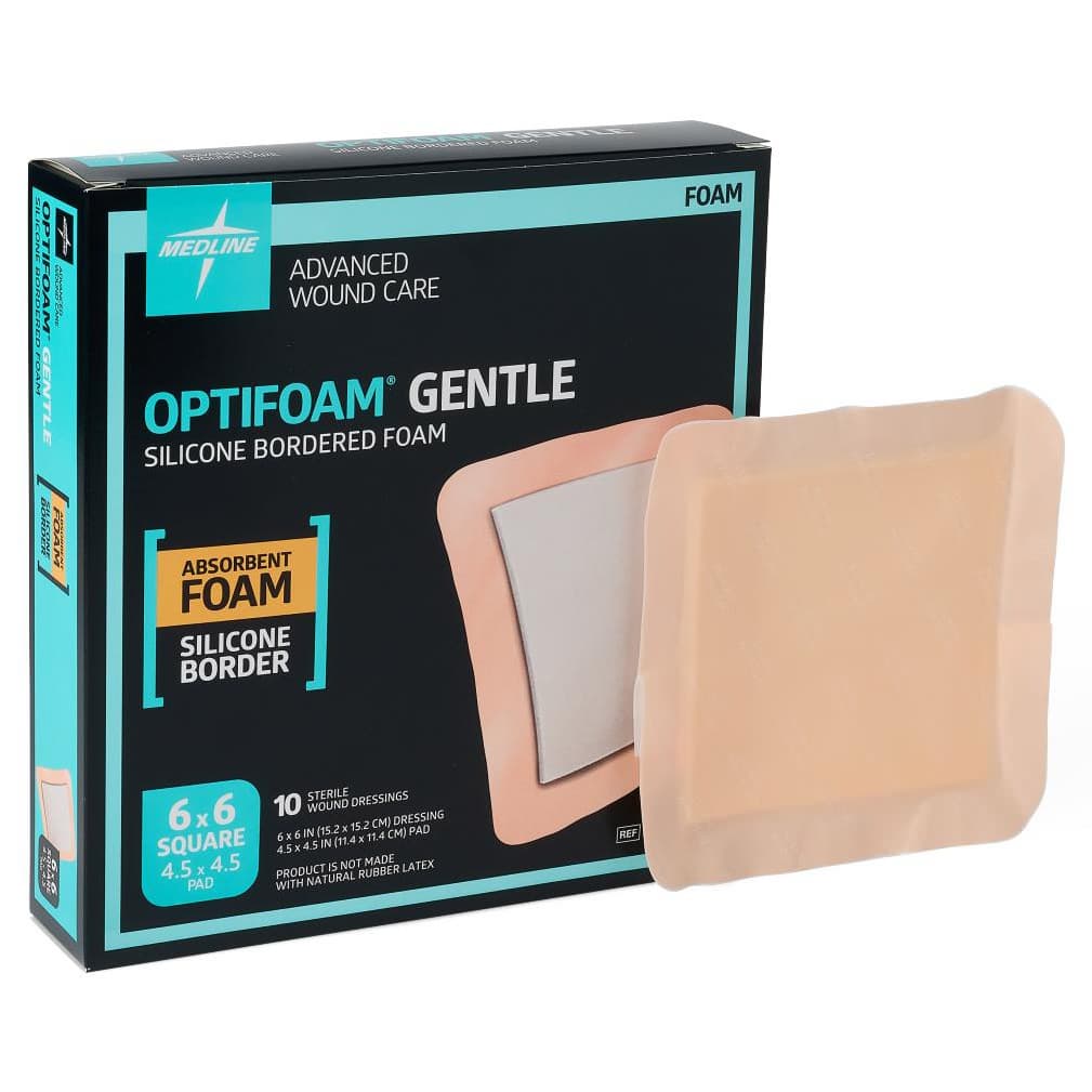Optifoam Gentle Silicone Bordered Foam Dressing, Sterile, 6 x 6 Inch - Box of 10 - Image 1