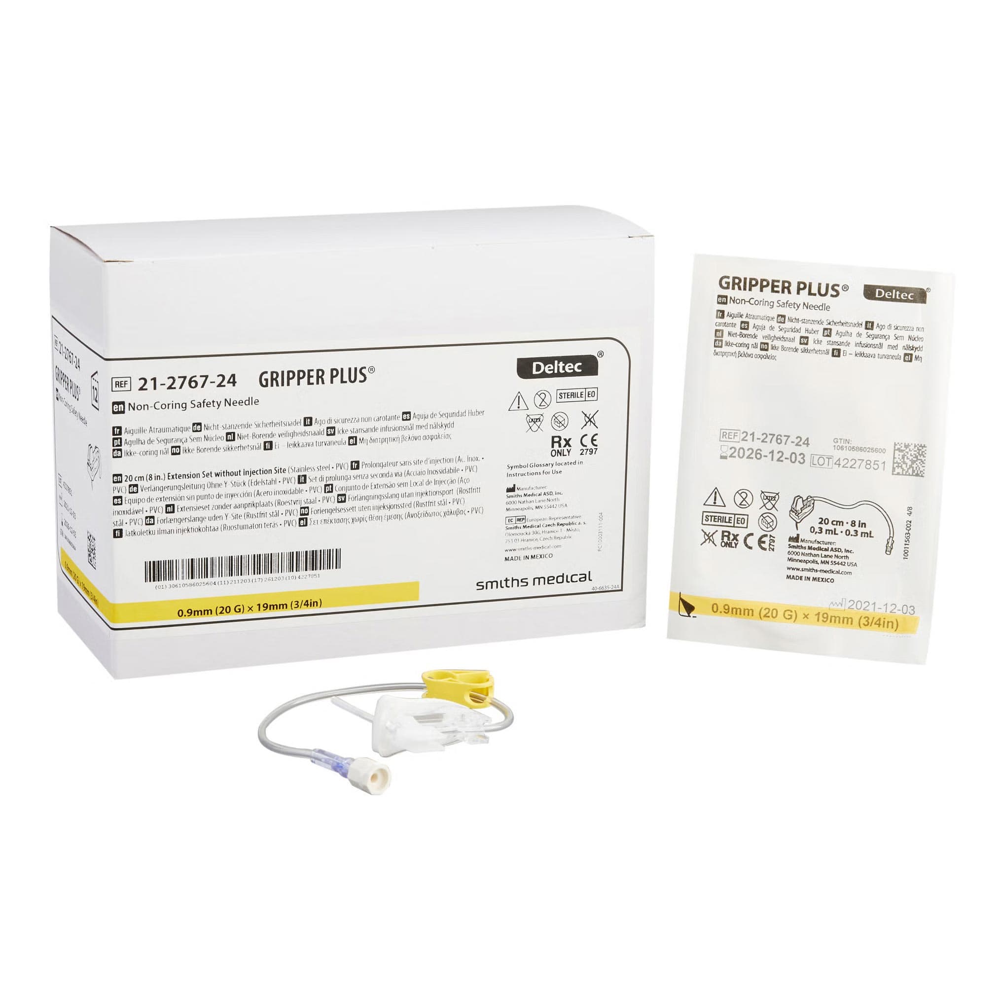 Deltec Gripper Plus Safety Needles without Y-Site, 20 Gauge, 3/4 Inch - Box of 12 - Image 1