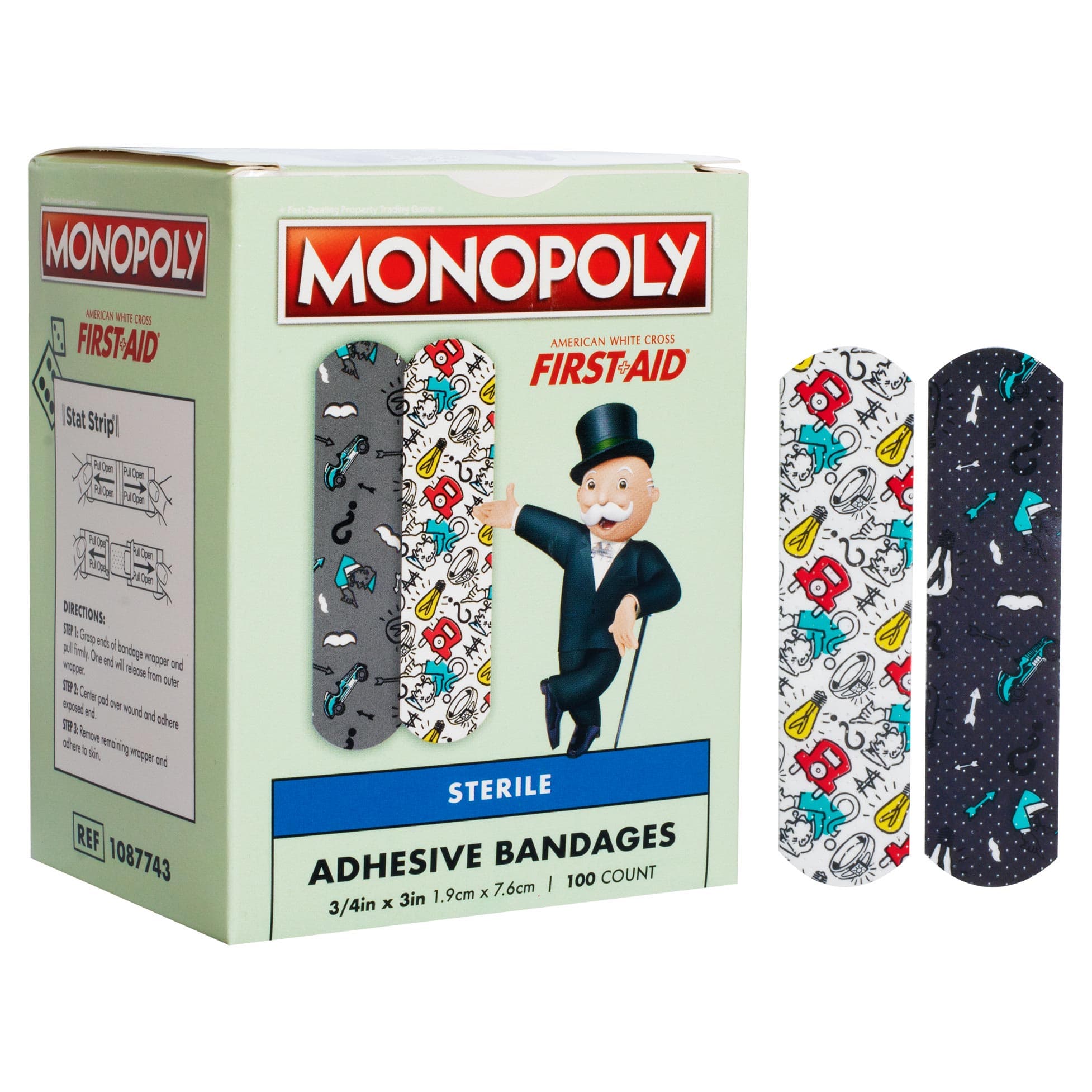 Dukal American White Cross Stat Strip Adhesive Bandages, Monopoly, 3/4 x 3 Inch - Box of 100 - Image 1
