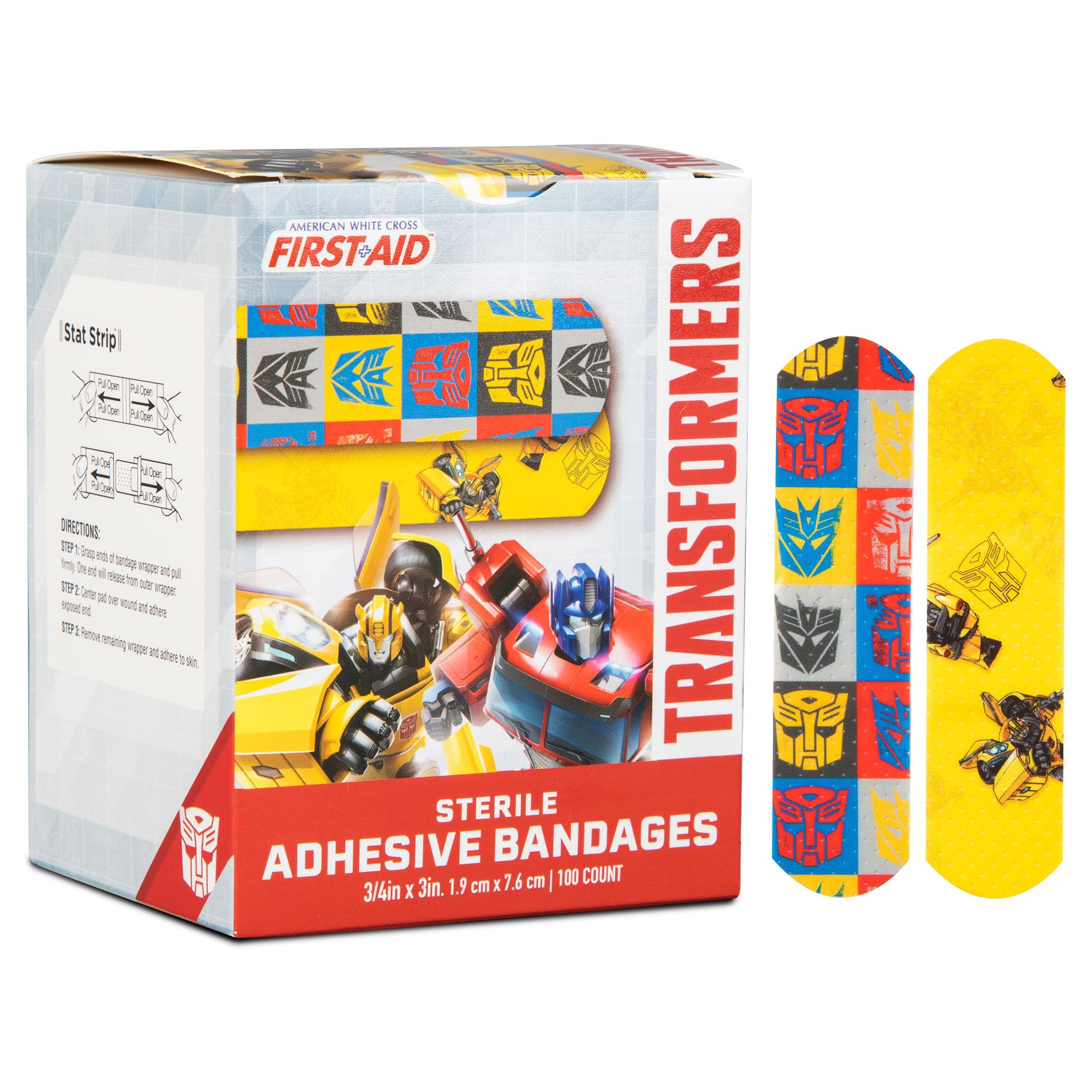 Dukal American White Cross Stat Strip Adhesive Bandages, Transformers, 3/4" x 3" - Box of 100 - Image 1