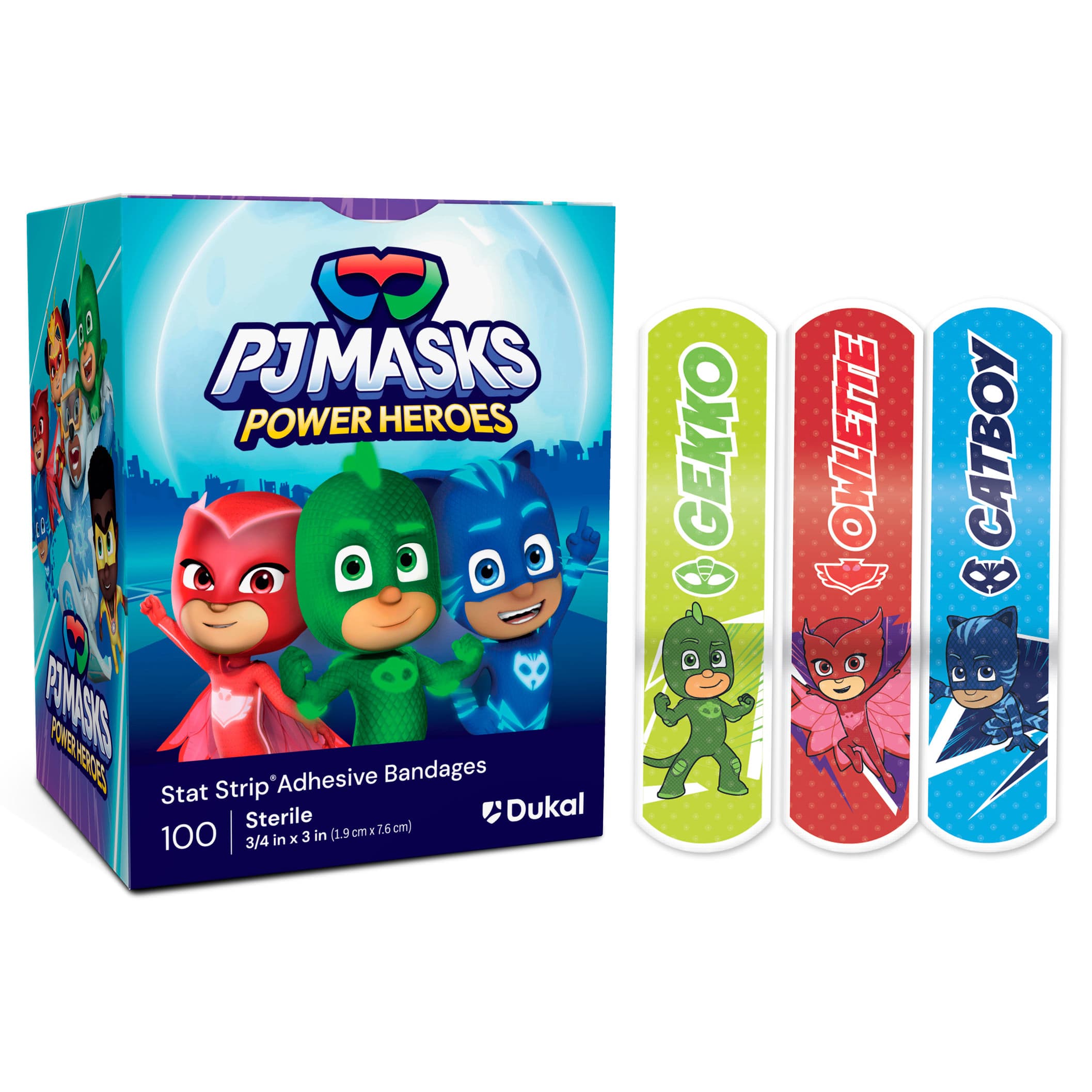 Dukal American White Cross PJ Masks Stat Strip Adhesive Bandages, 3/4 x 3 Inch - Case of 1200 - Image 1