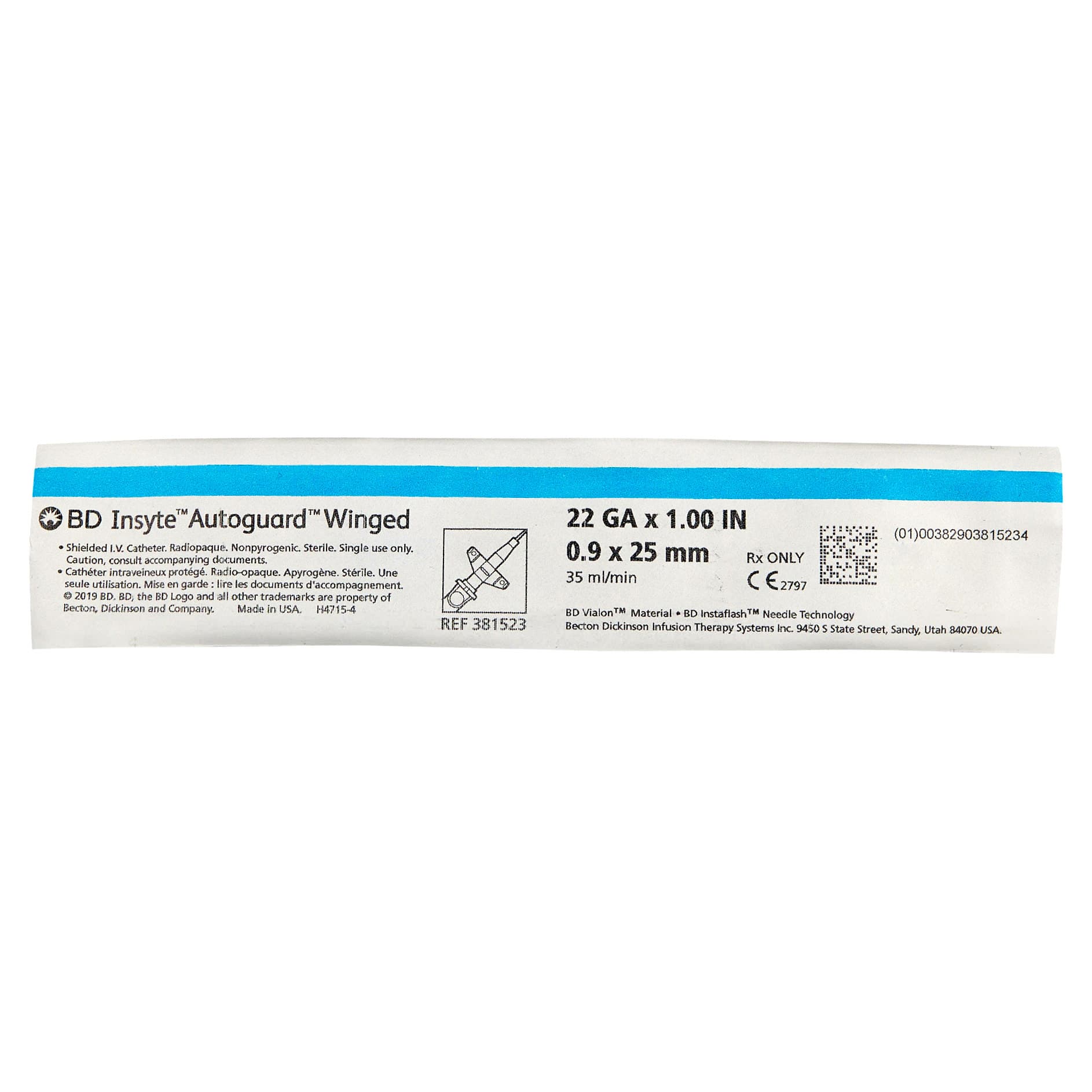 BD Insyte Autoguard Winged Shielded IV Catheters, Blue, 22 Gauge, 1 Inch - Each - Image 1